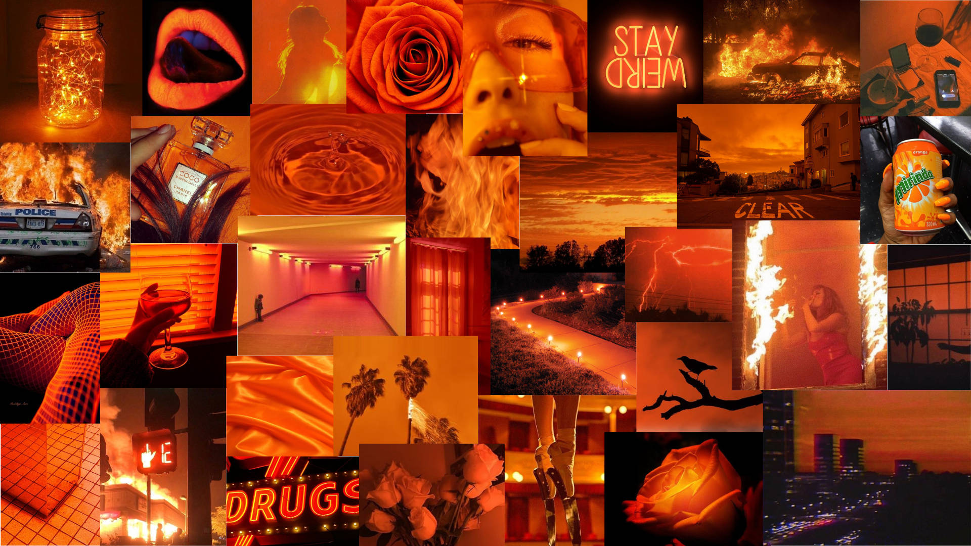 Neon Orange 桌布 壁紙 — 一幅火熱橙色的拼貼畫，包含火焰、嘴唇、霓虹燈和城市衰敗等超現實和前衛的圖像。