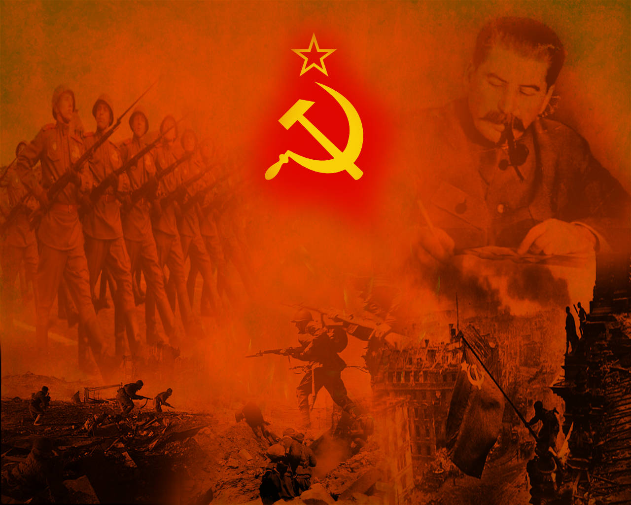 Union 桌布 壁紙 — 一幅火熱的橙色拼貼畫描繪了蘇聯士兵在瓦礫中行進和戰鬥，帶有發光的錘子與鐮刀標誌和史達林巨大的肖像。