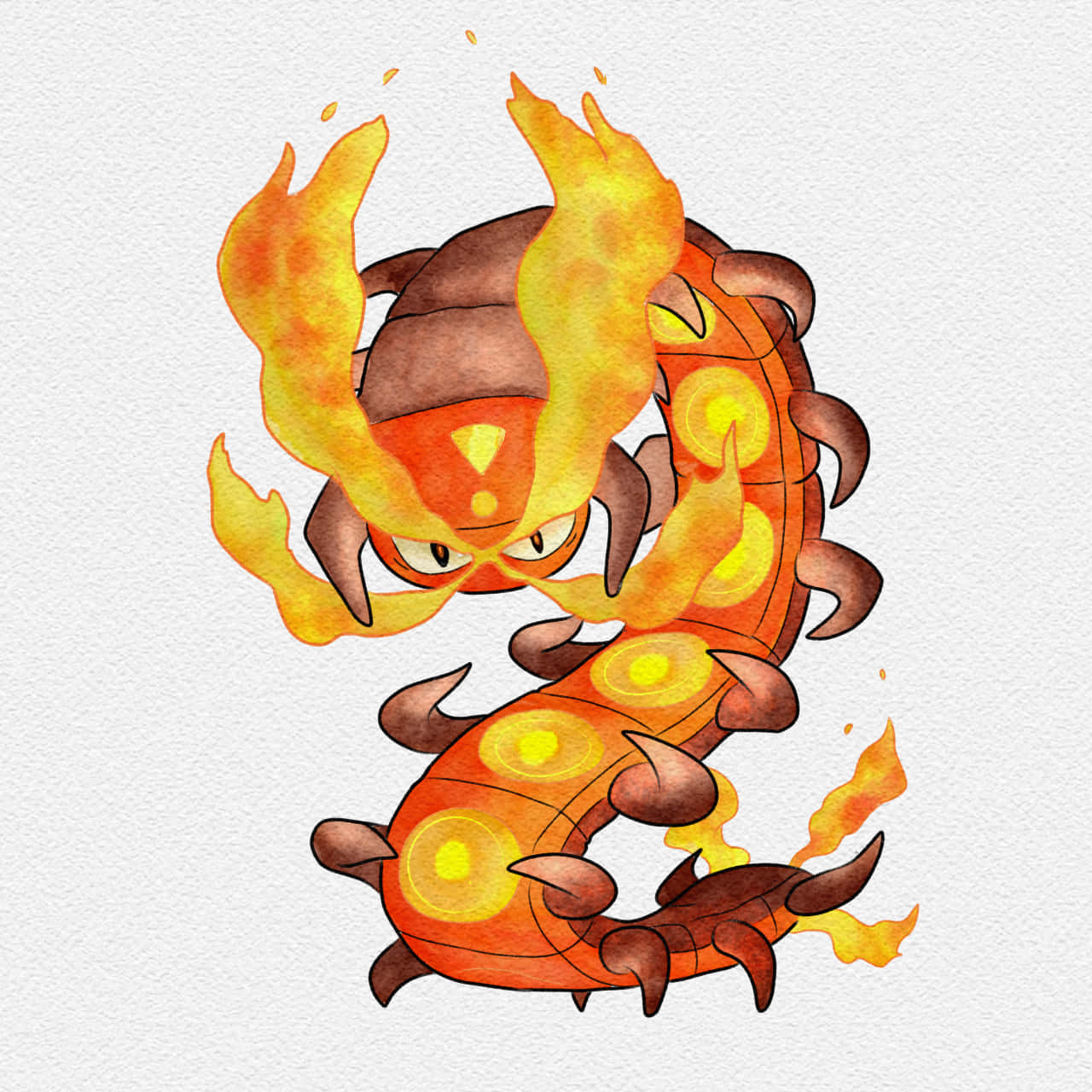 寶可夢 桌布 壁紙 — 一幅火熱的水彩插圖，描繪了一隻卡通蜈蚣，帶有發光的橙色體節和火焰狀附肢，背景為有紋理的白色。