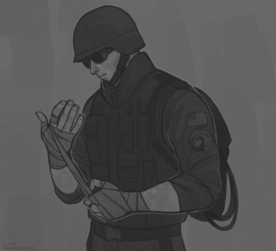 Rainbow Six Siege Thermite 桌布 壁紙 — 一幅灰階插圖，描繪一名身穿戰術裝備的士兵，手持刀具，表情專注。