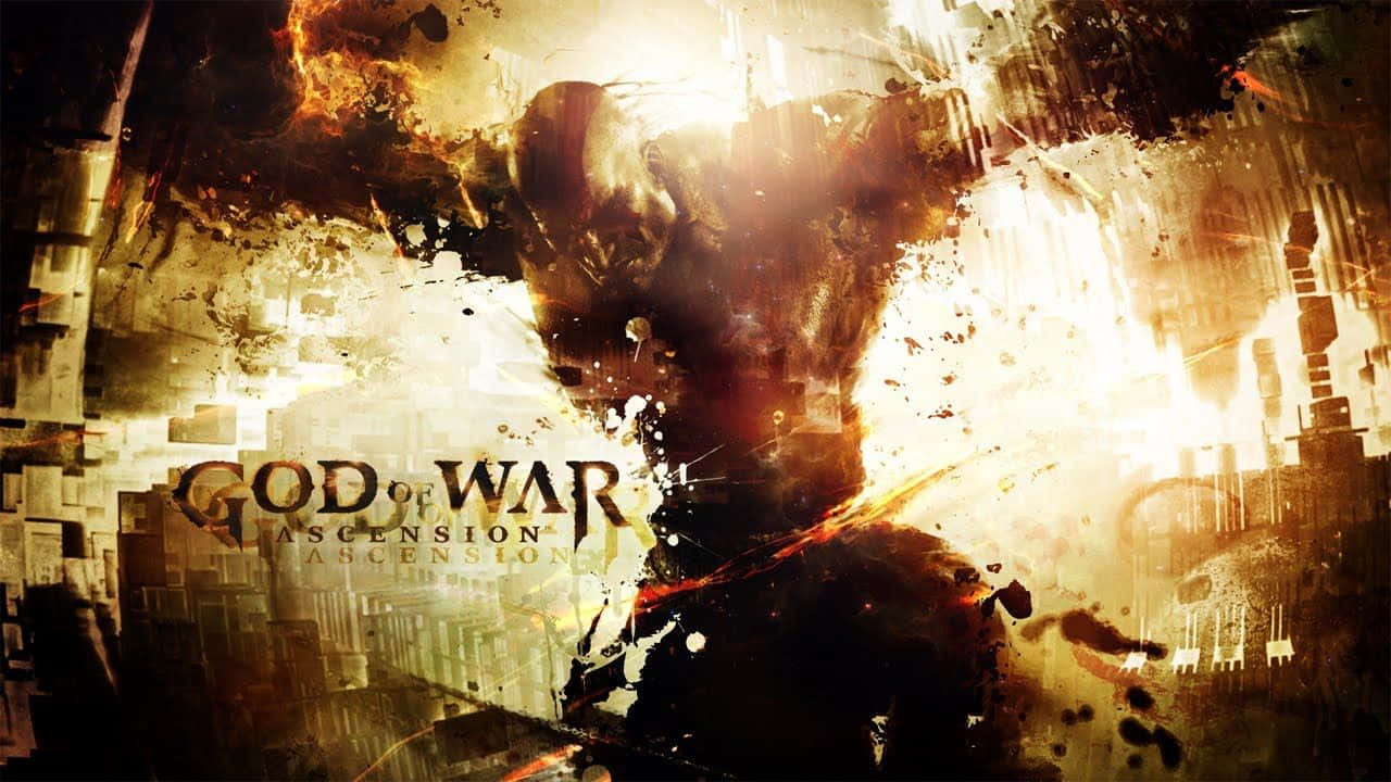 God Of War 3 桌布 壁紙 — 一幅為 God of War Ascension 創作的熾熱、混亂的數位藝術作品，帶有飛濺的顏料和發光效果。