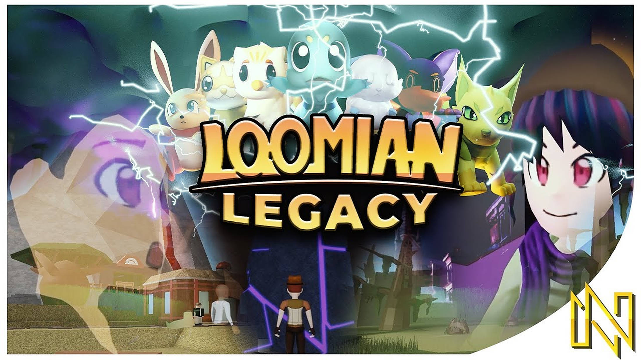 loomian legacy 桌布 壁紙 — 一幅為Loomian Legacy設計的充滿活力的數位藝術海報， featuring 動漫風格的角色和生物，伴隨著閃電和風格化的城鎮。