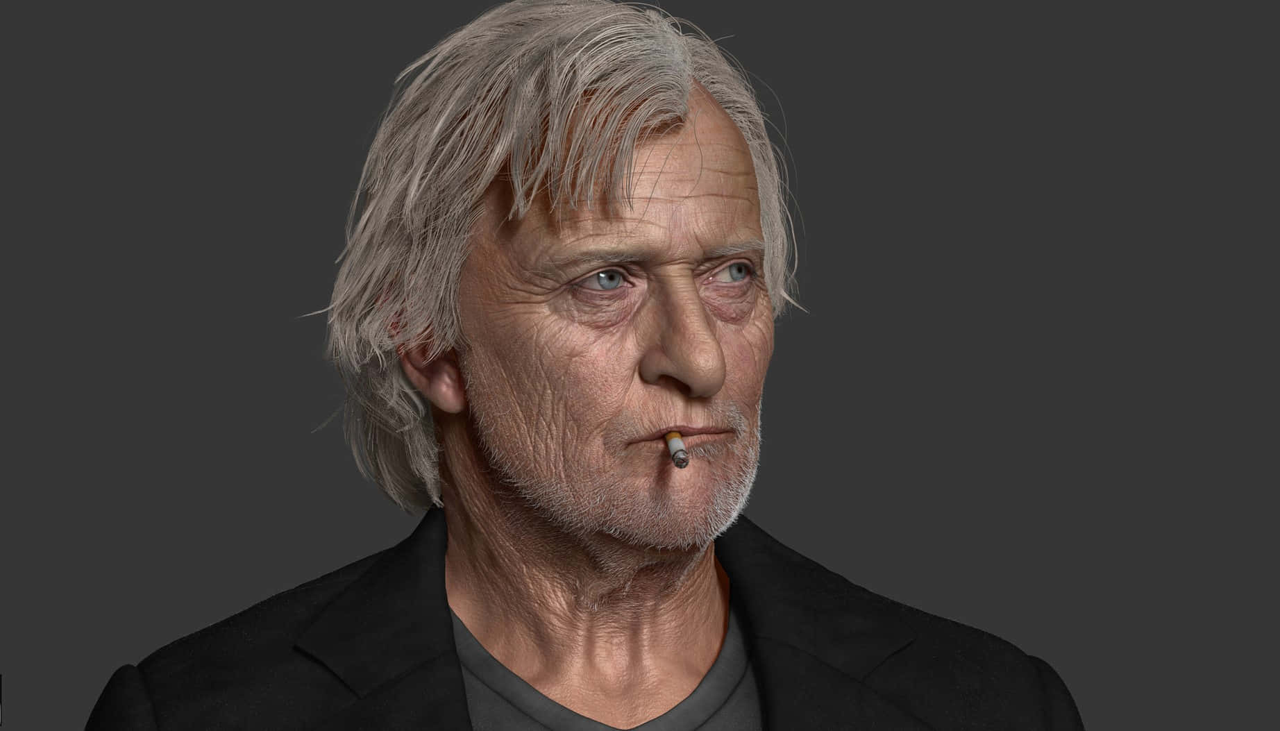 game 桌布 壁紙 — 一幅照片寫實風格的肖像畫，描繪一位灰白頭髮、口中叼著香煙的老年男性，背景是深灰色。