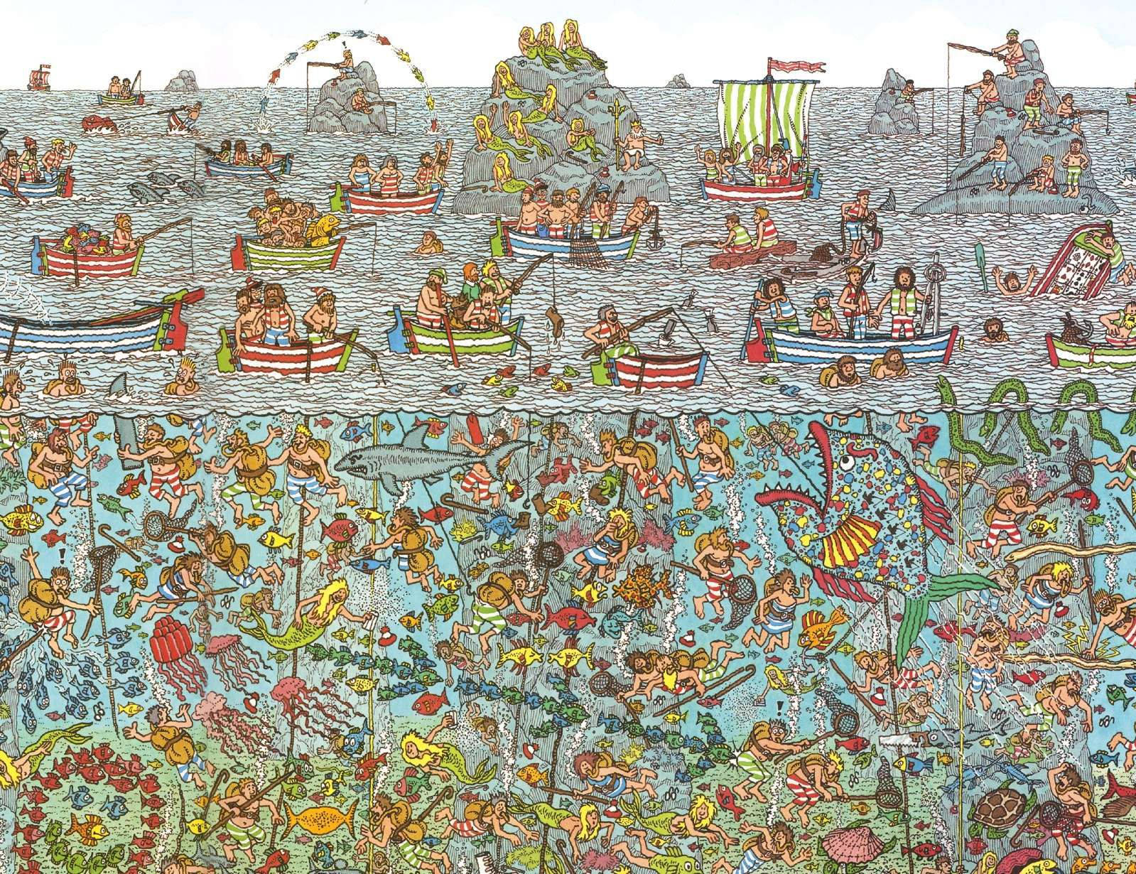 插圖場景，描繪水下和水上，有美人魚、船隻和海洋生物。 — 釣魚 GIF 壁紙