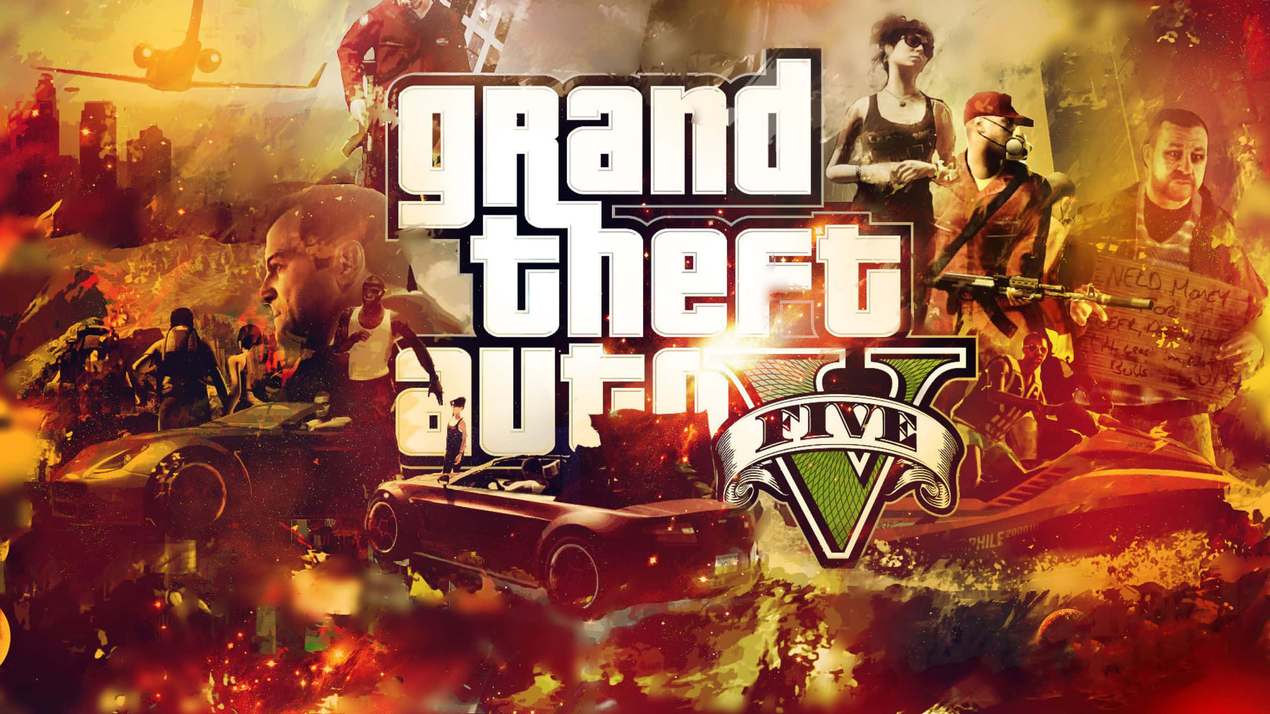 Grand Theft Auto V 桌布 壁紙 — 一幅熾熱的拼貼畫，描繪《俠盜獵車手V》的角色和車輛在燃燒的城市背景下以混亂的能量爆炸。