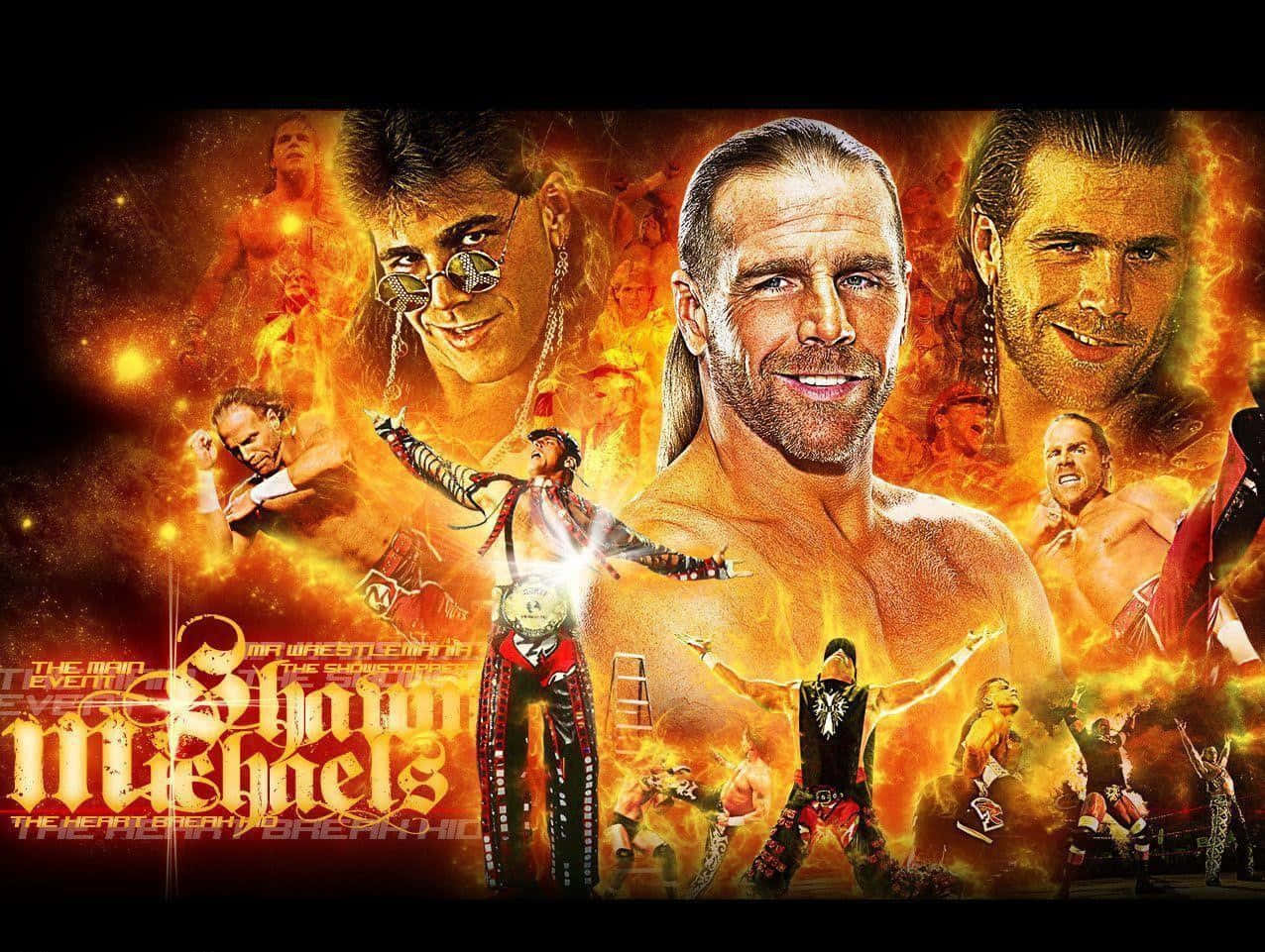 shawn michaels 桌布 壁紙 — 一幅熾熱的拼貼畫，描繪WWE摔角手Shawn Michaels以多種姿勢和服裝，在熾熱的橙色和黃色背景前。