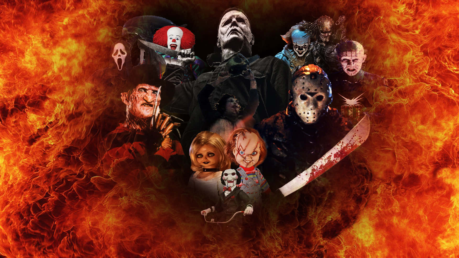 Horror Icons 桌布 壁紙 — 一幅熾熱的拼貼畫，描繪了標誌性的恐怖電影反派，包括 Freddy Krueger、Jason Voorhees 和 Chucky，被咆哮的火焰包圍。