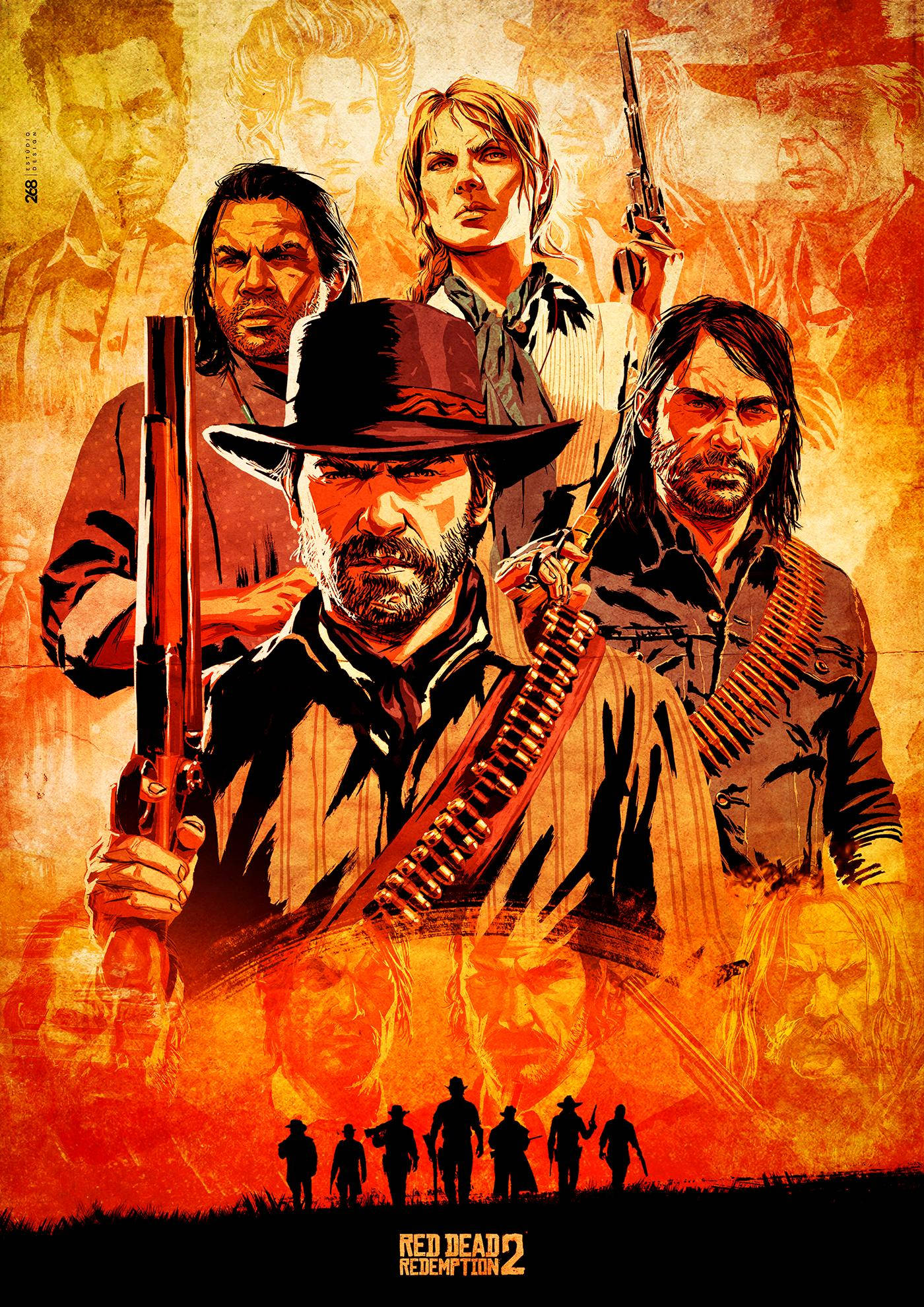 遊戲 桌布 壁紙 — 一幅熾熱的插圖海報，描繪《Red Dead Redemption 2》的主要角色身穿牛仔裝備，在熾熱的橙色背景下手持槍械。