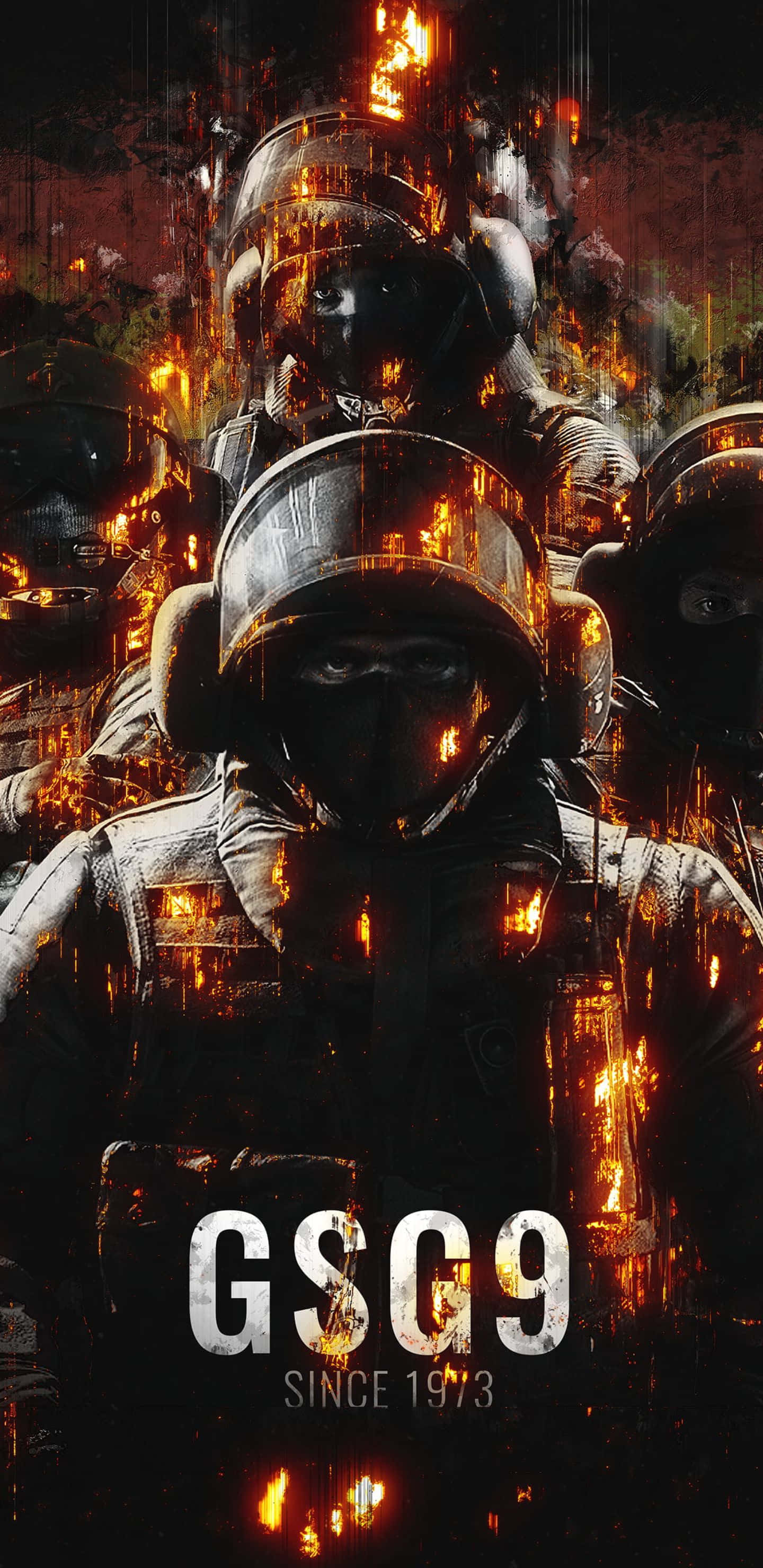 Pixel 3xl Rainbow Six Siege 桌布 壁紙 — 一幅熾熱的數位藝術描繪，GSG9特種部隊身穿戰術裝備，伴隨著發光的橙色火焰和黑煙。