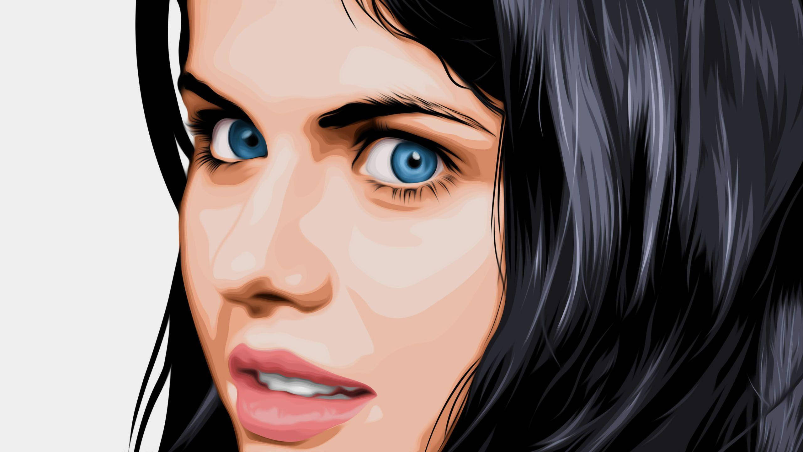 Alexandra 桌布 壁紙 — 一幅特寫數位插圖，描繪一位擁有引人注目的藍眼睛和深色頭髮的女性，背景為純色。