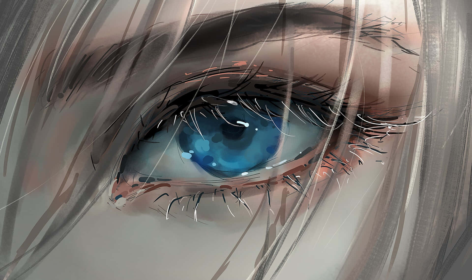 Eyes 桌布 壁紙 — 一幅特寫數位插圖，描繪鮮豔的藍色動漫眼睛，帶有精細的睫毛和柔軟的灰色髮絲環繞。
