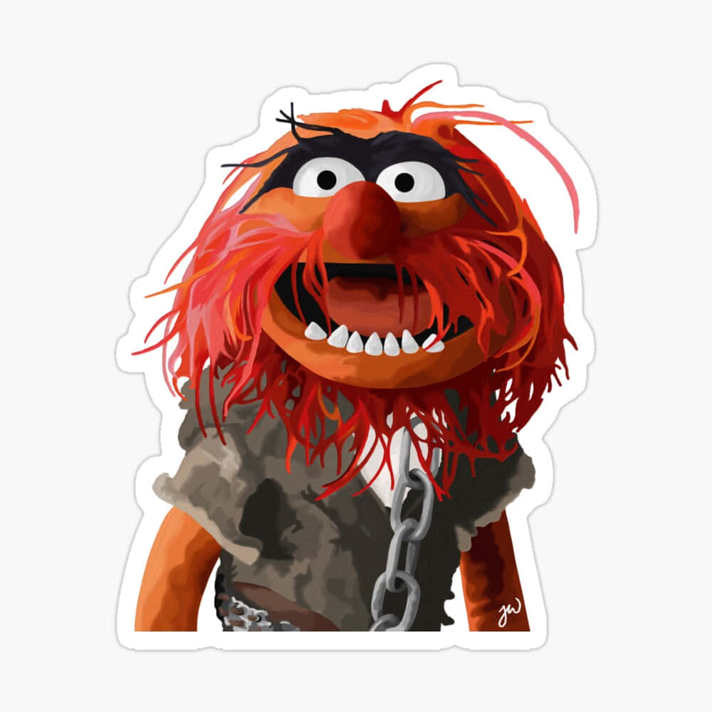 Animal Muppet 桌布 壁紙 — 一幅生動的數位插圖，描繪了Muppet角色Animal，擁有狂野的紅髮和頸上的鏈條。