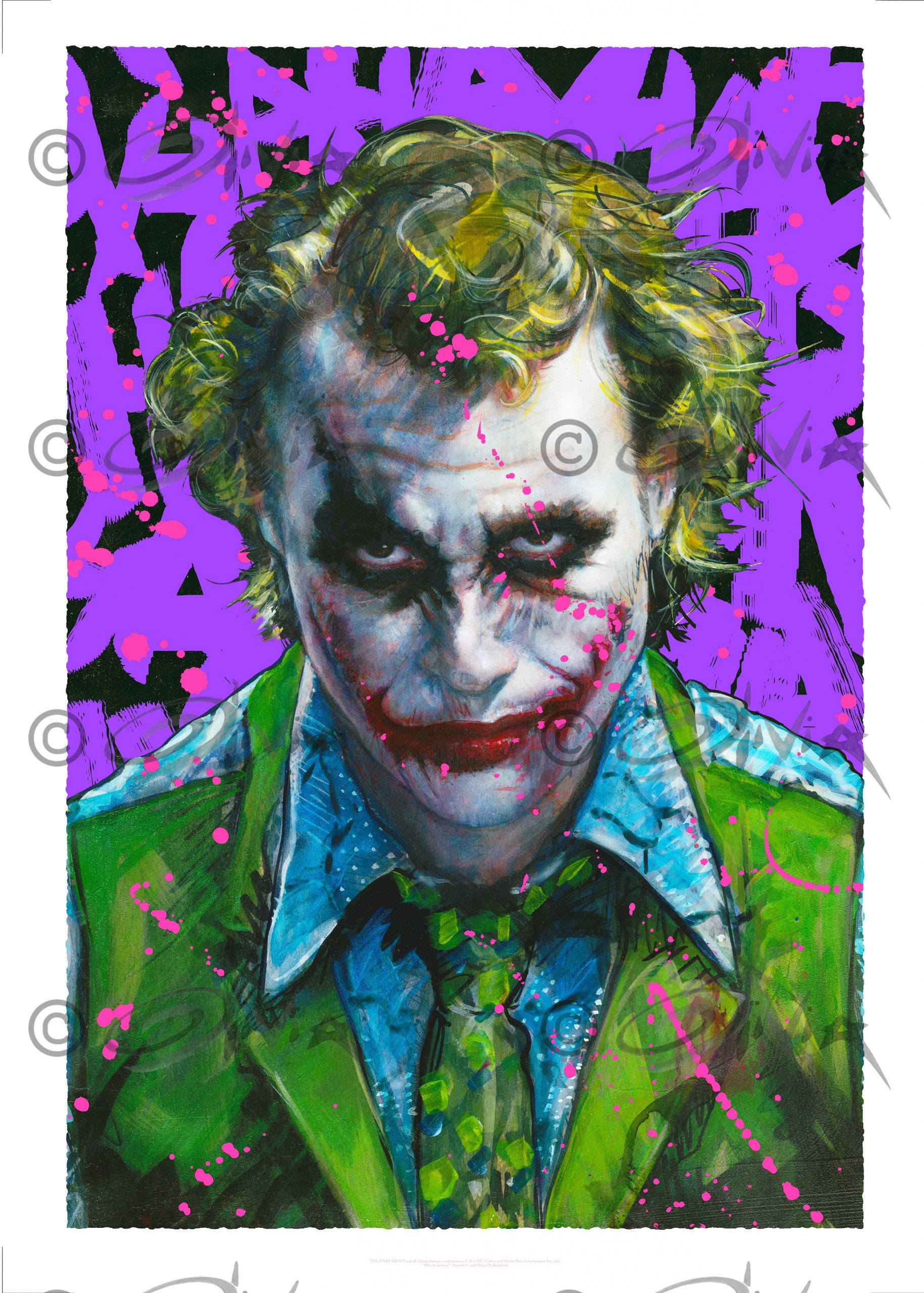 Why So Serious Joker 桌布 壁紙 — 一幅生動的數位肖像，描繪小丑（Joker）擁有綠色頭髮和化妝，背景為紫色潑濺效果。
