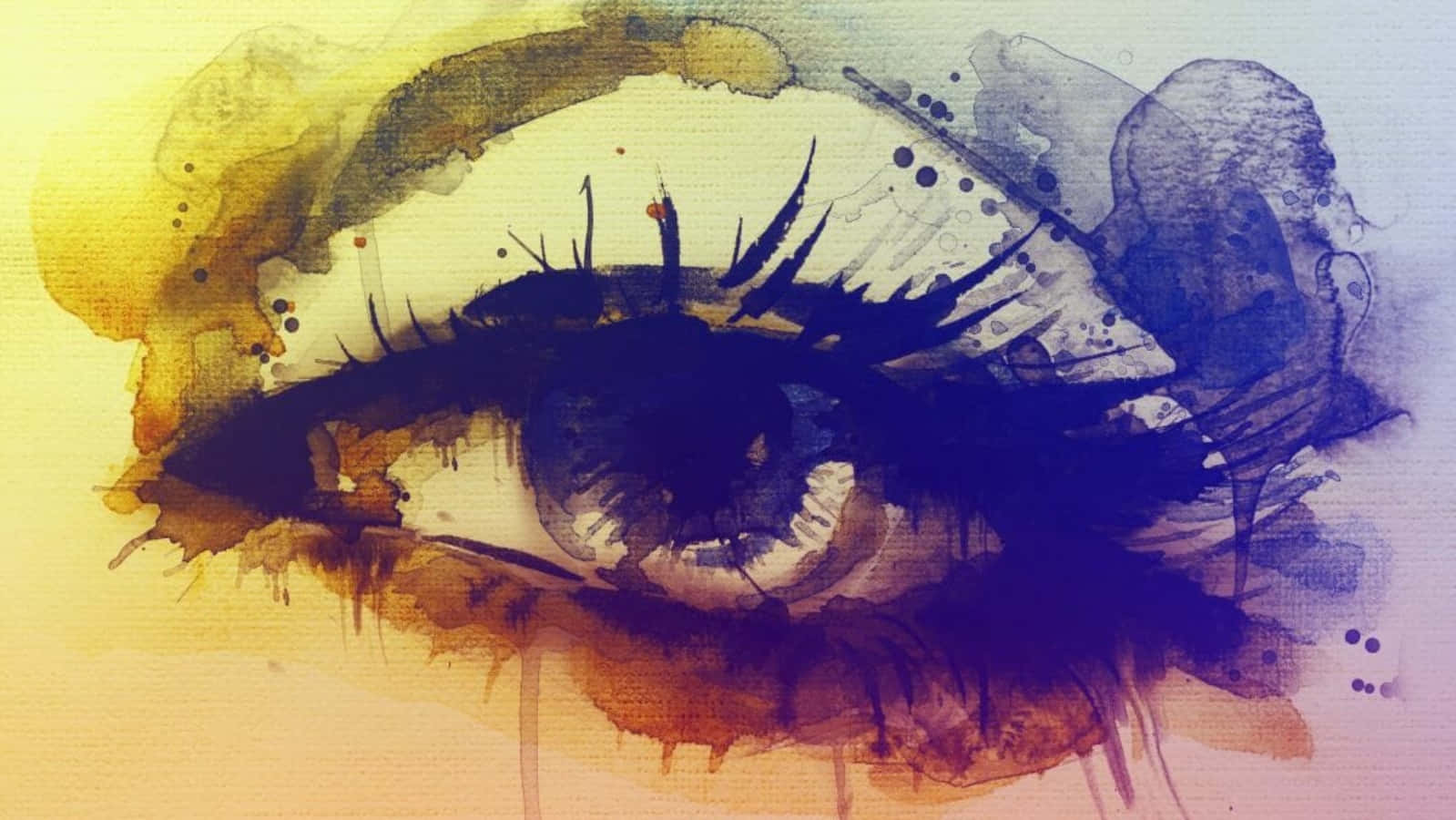 Painting 桌布 壁紙 — 一幅生動的水彩畫，描繪人類眼睛，帶有濃密的睫毛和黃色、藍色、棕色調的表現性色彩滲染。