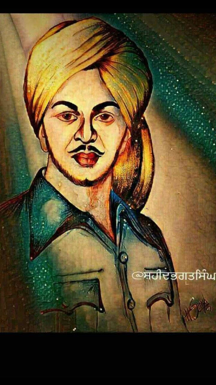 Shaheed Bhagat Singh 桌布 壁紙 — 一幅生動的油畫肖像，描繪一位戴著金色頭巾和鬍子的男子，背景是星空藍綠色。