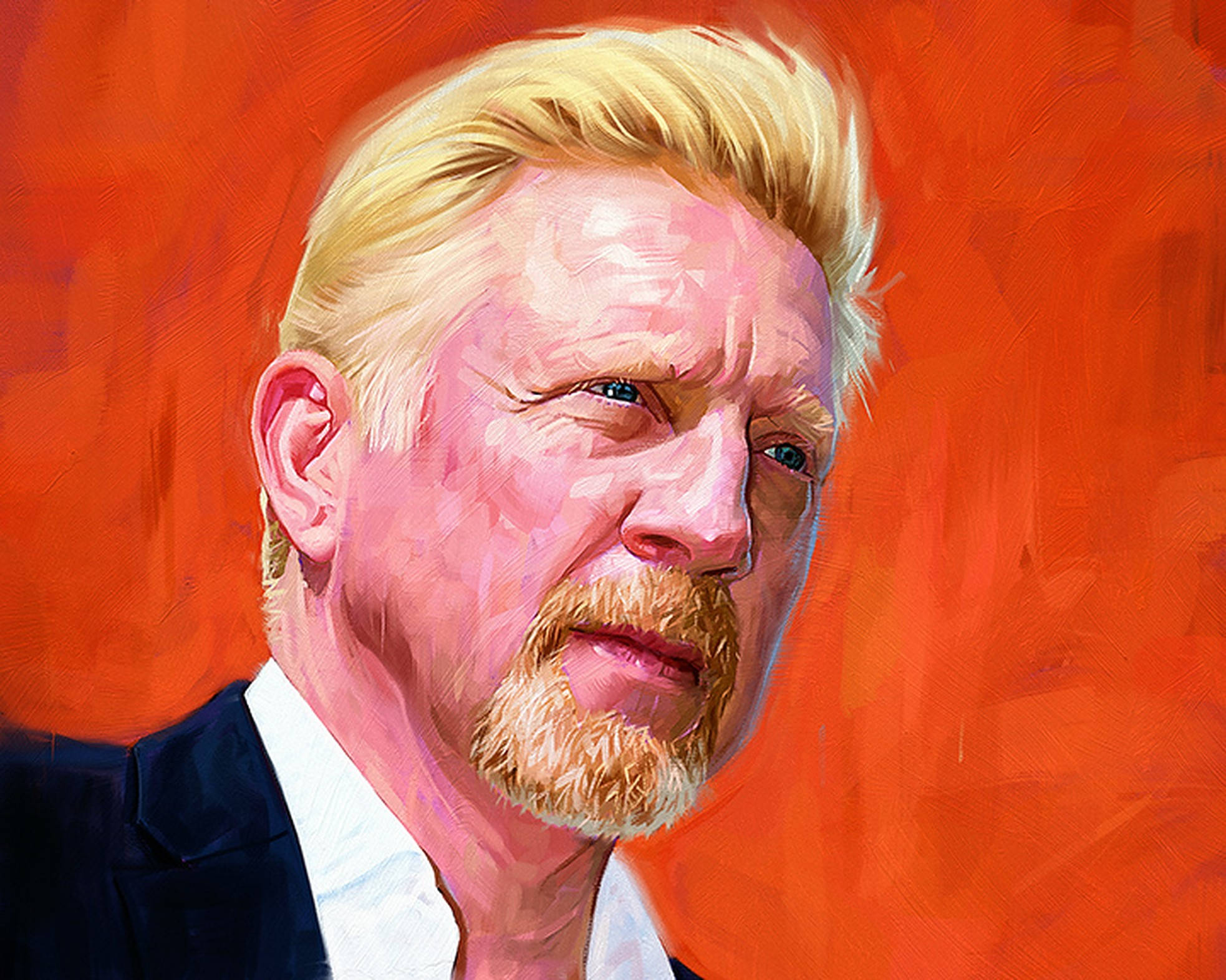 Boris Becker 桌布 壁紙 — 一幅生動的油畫肖像，描繪一位金髮鬍鬚男子，背景是火熱的橙色。