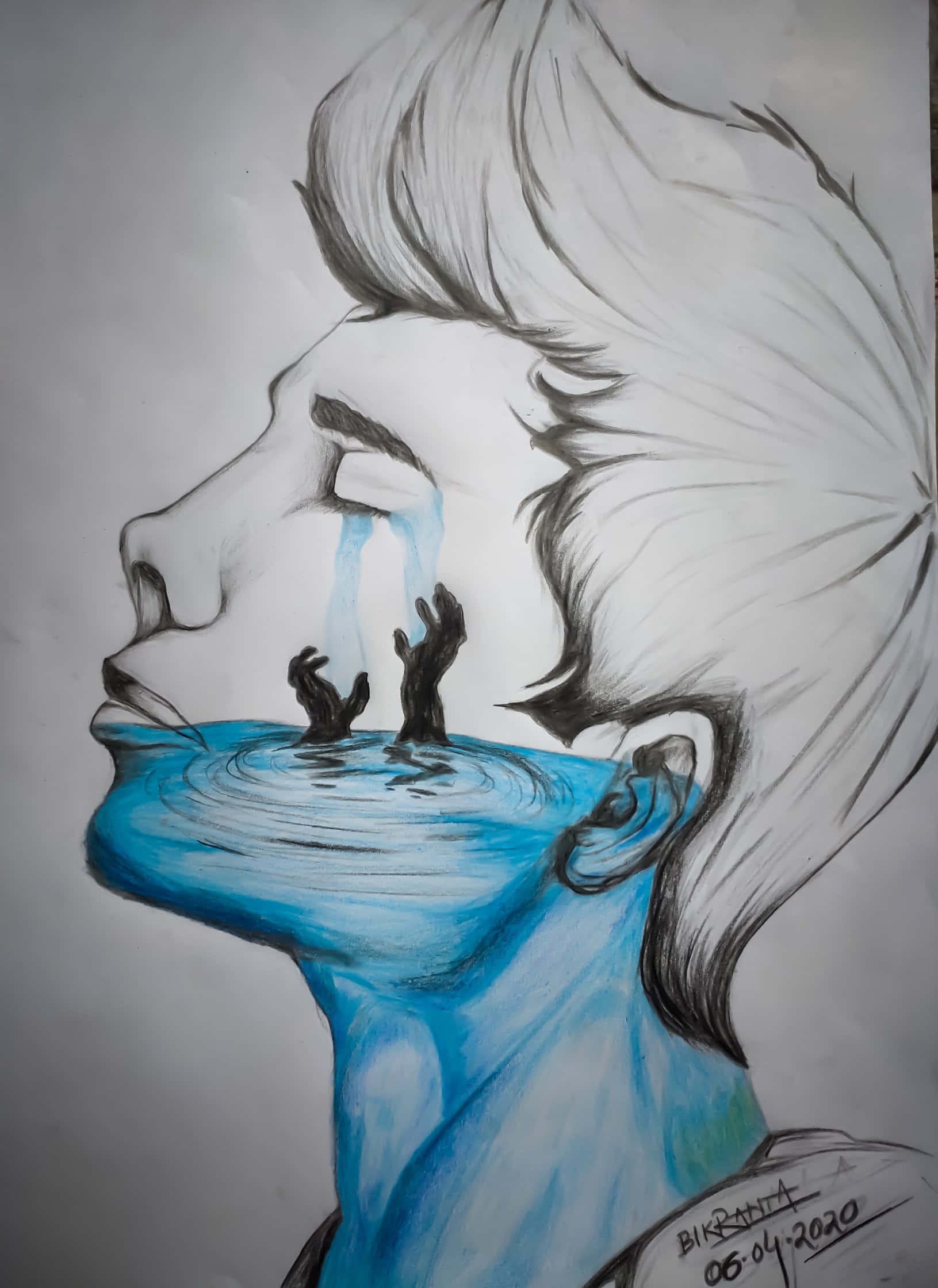 Meaningful 桌布 壁紙 — 一幅用鉛筆和色鉛筆繪製的人物側面畫像，流著藍色眼淚，形成一個水窪，裡面有兩隻小手伸出來。