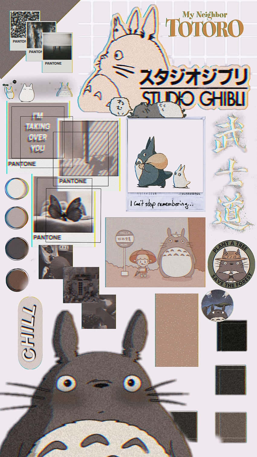 Sticker 桌布 壁紙 — 一幅由 Studio Ghibli 龍貓紀念品組成的拼貼畫，包括海報、照片和 Pantone 色票，排列在網格背景上。