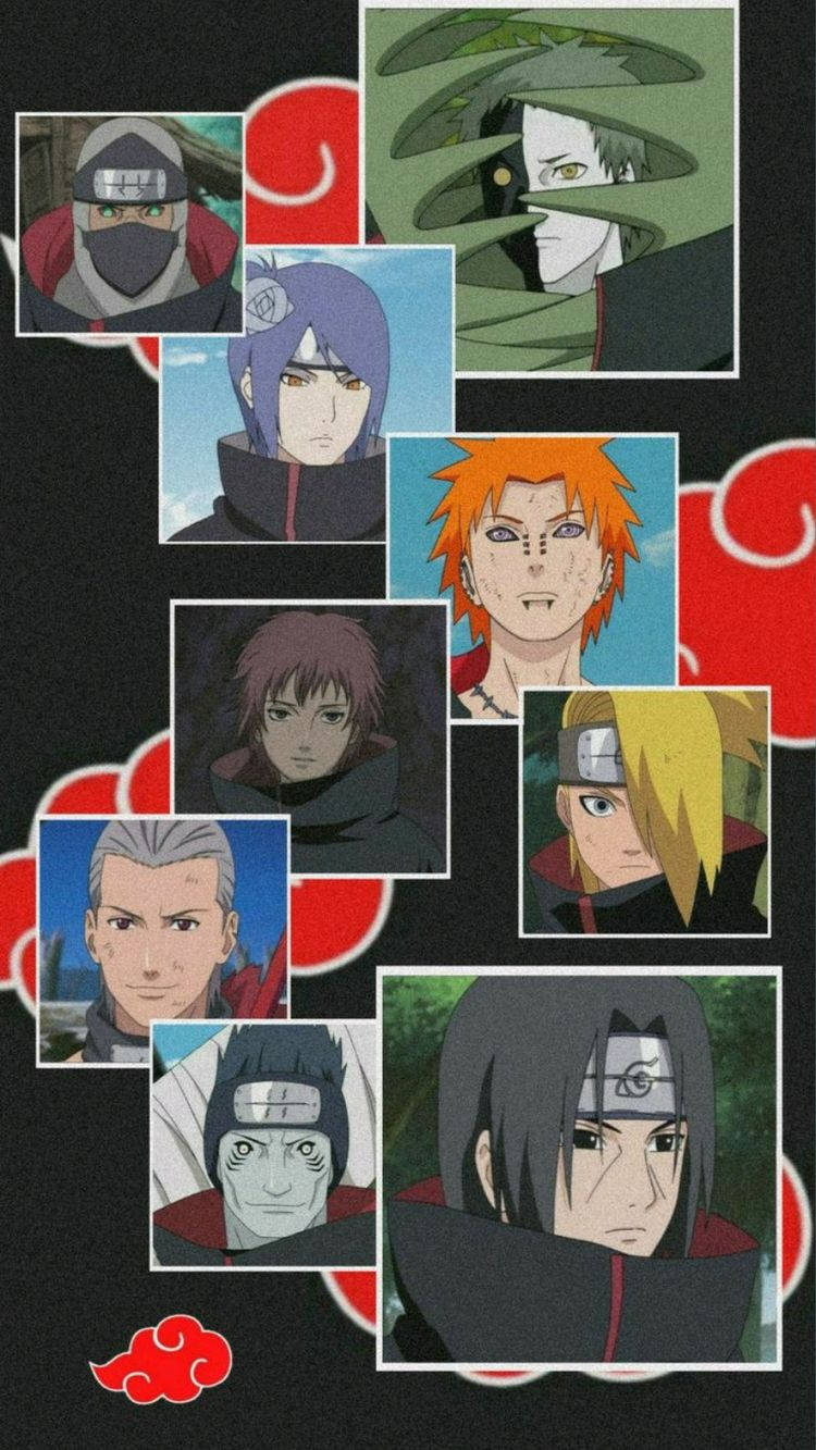 Itachi And Kisame 桌布 壁紙 — 一幅由《火影忍者》動漫角色穿著曉組織斗篷的拼貼畫，背景為黑色，帶有紅色雲朵符號。