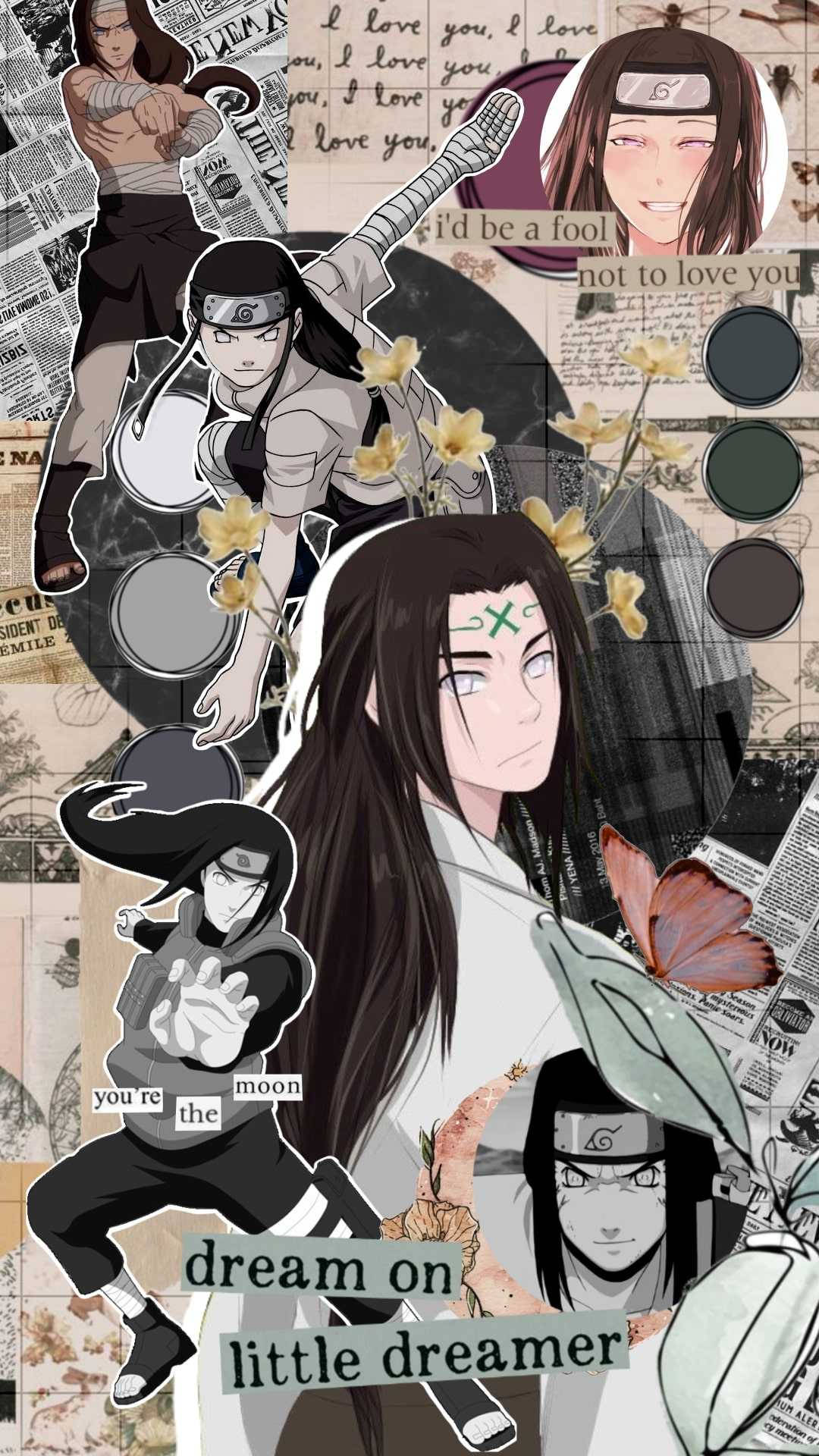 Neji 桌布 壁紙 — 一幅由《火影忍者》動漫角色組成的拼貼畫，上面有花朵、蝴蝶和手寫語錄，疊在報紙剪報上。
