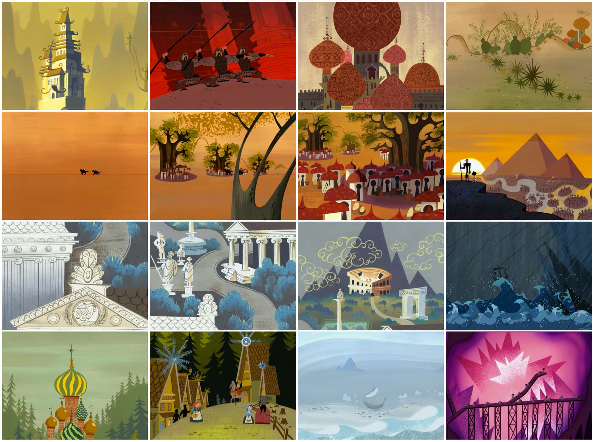 samurai jack 桌布 壁紙 — 一幅由16個風格化插圖場景組成的拼貼畫，包含奇幻建築、古代遺跡和超現實景觀，背景是戲劇性的天空。