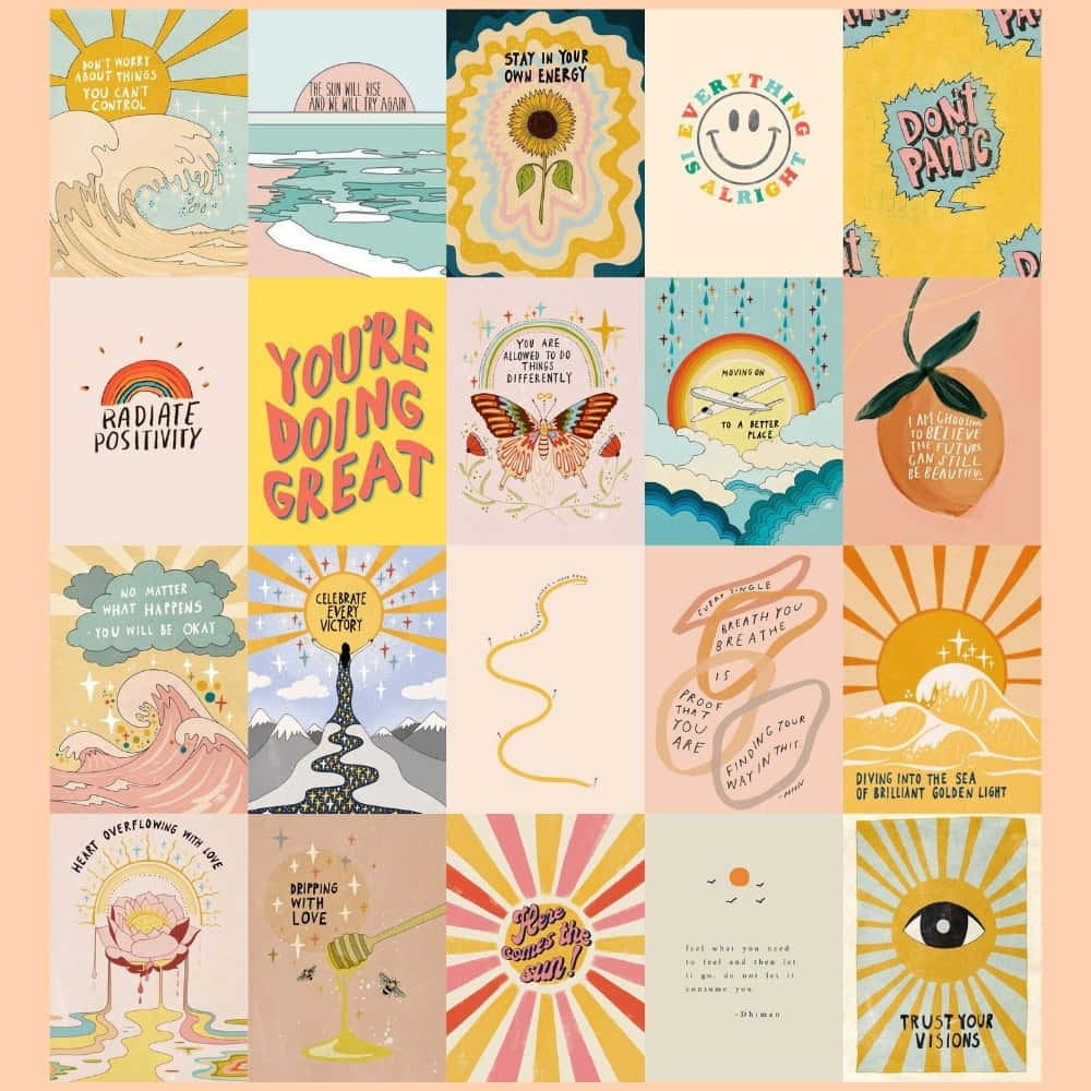 Aesthetic Retro 桌布 壁紙 — 一幅由16張插圖勵志海報組成的鮮明拼貼畫，包含太陽、波浪、蝴蝶和肯定語句，採用柔和色調。