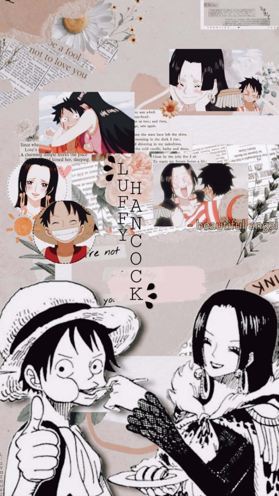 One Piece Manga 桌布 壁紙 — 一幅由One Piece動漫角色組成的拼貼畫，帶有手寫語錄和柔和粉彩調的花卉元素。