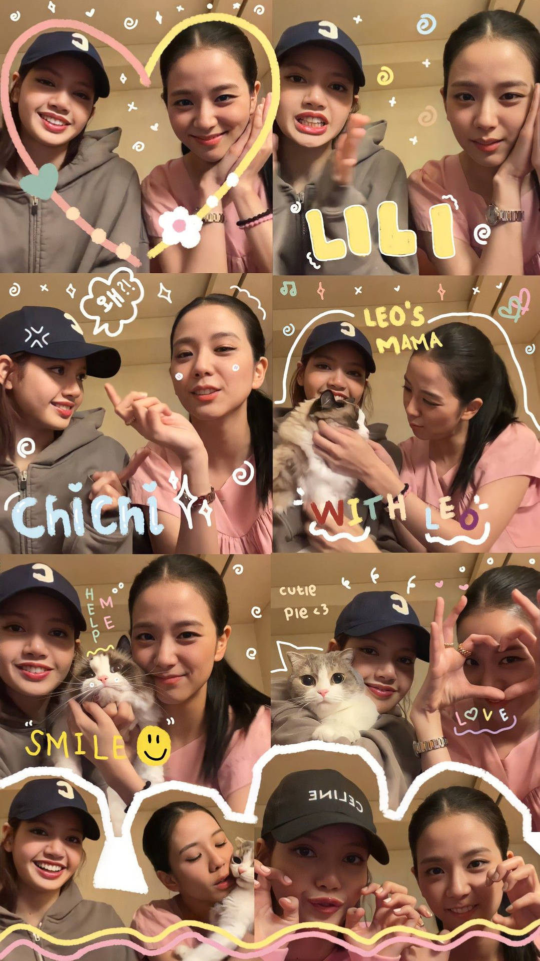 兩位女士和一隻貓咪擺姿勢自拍，帶有塗鴉和文字疊加。 — BLACKPINK Lisa GIF 壁紙