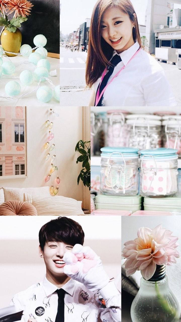 Bts Aesthetic 桌布 壁紙 — 一幅由六個充滿活力的場景組成的拼貼畫，包括微笑的人們、柔和色調的花朵、燈串和帶有粉紅色點綴的罐子，營造出愉快的室內環境。