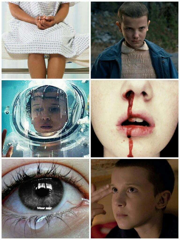 Eleven Stranger Things 桌布 壁紙 — 一幅由六張強烈特寫組成的拼貼畫，展示一個年輕男孩在各種戲劇性場景中，包括醫院袍、森林、太空人頭盔、流鼻血、詳細的眼睛和敬禮手勢。