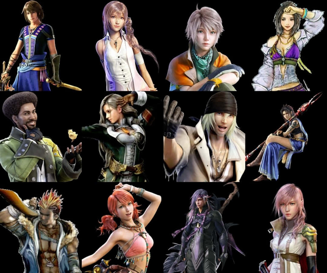 Final Fantasy Characters 桌布 壁紙 — 一幅由十二個不同電子遊戲角色組成的拼貼畫，在黑色背景前擺出姿勢，每個角色都有獨特的服裝和表情。