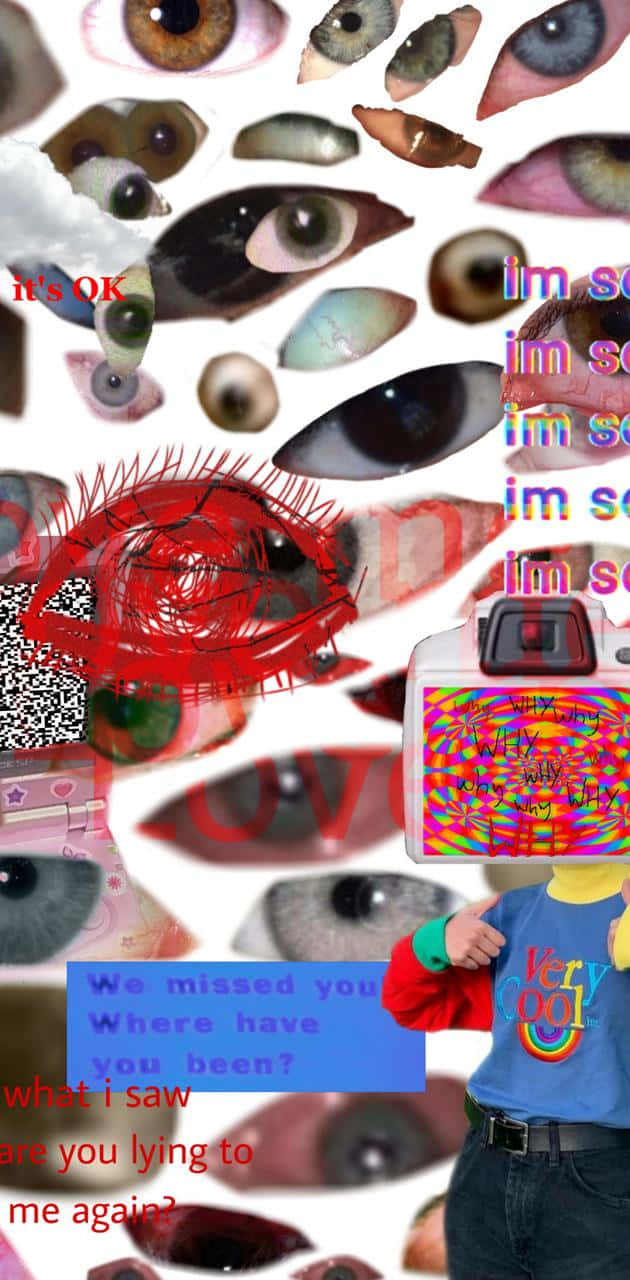 Eye 桌布 壁紙 — 一幅由多種人類眼睛組成的拼貼畫，上面覆蓋著文字訊息和一個拿著相機的小孩。