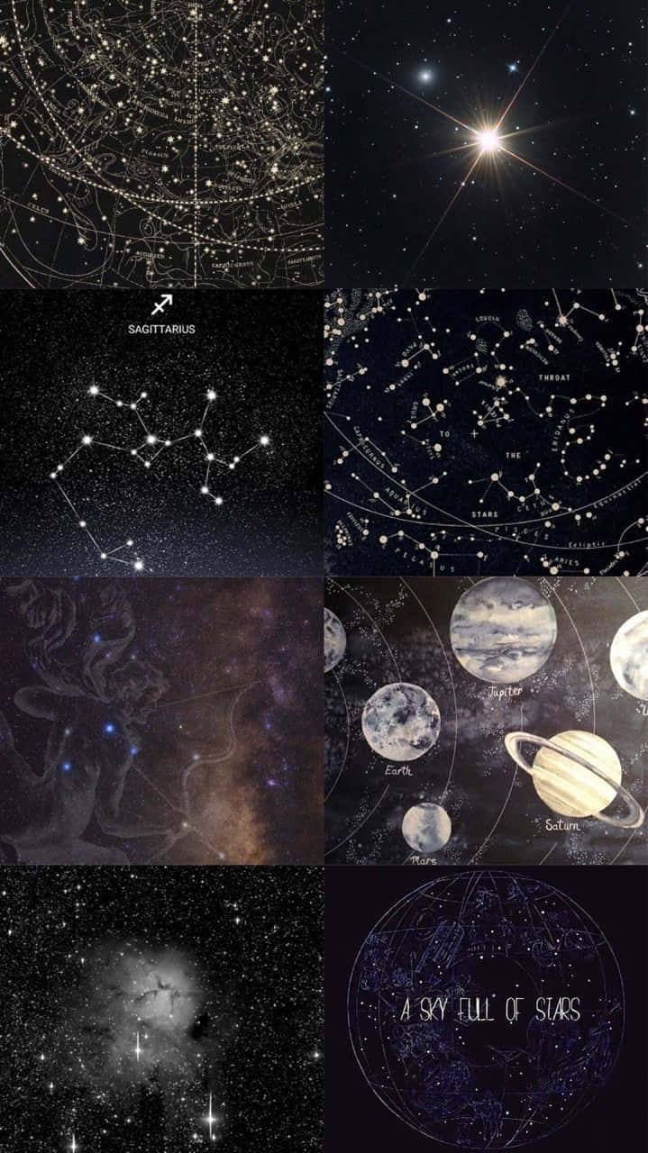 Stars 桌布 壁紙 — 一幅由天體圖和星圖組成的拼貼畫，在黑暗的夜空中展示星座、行星和宇宙現象。