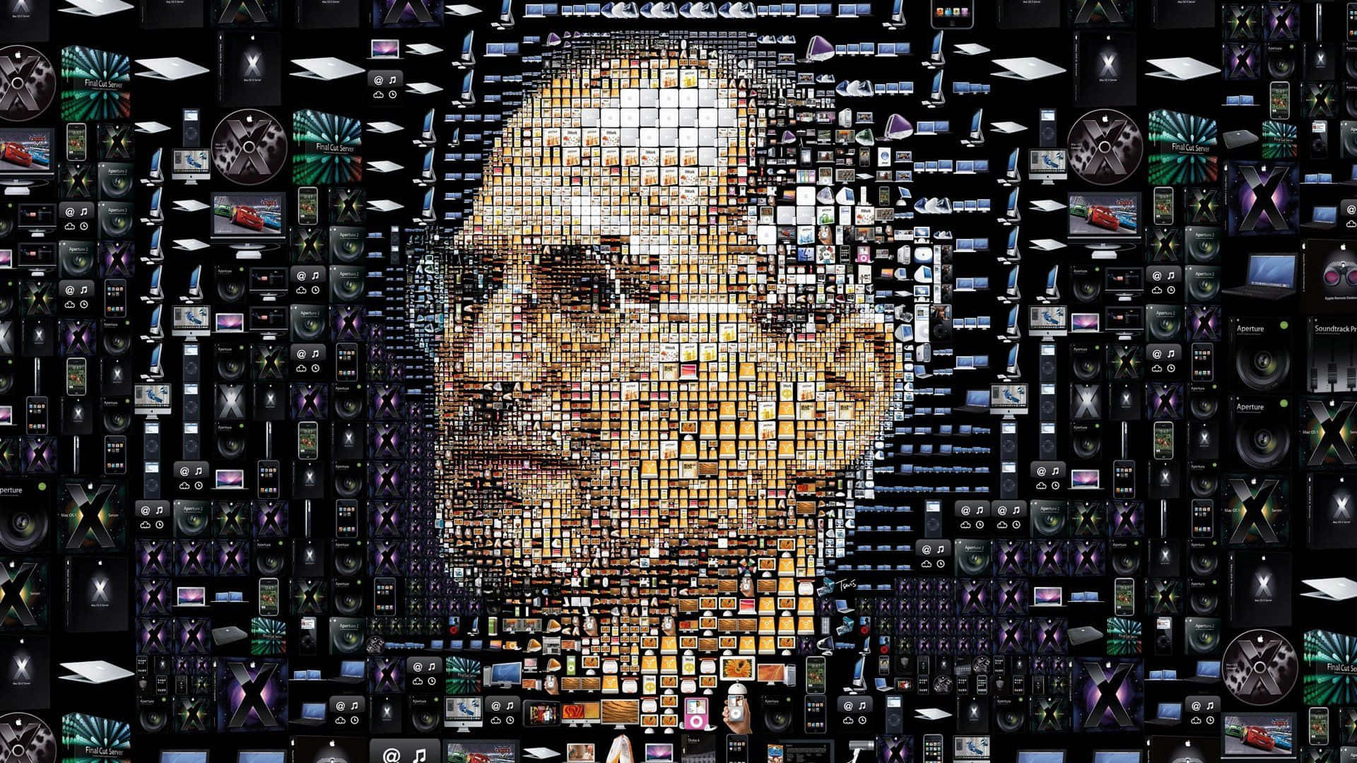 Electronics 桌布 壁紙 — 一幅由數千張Apple產品圖片在深色背景上組成的史蒂夫·賈伯斯馬賽克肖像。
