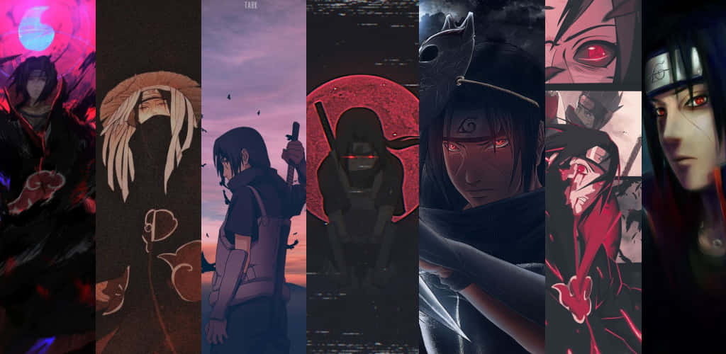 Uchiha Clan 桌布 壁紙 — 一幅由紅眼及黑暗主題的動漫角色組成的拼貼畫，置於戲劇性背景前。