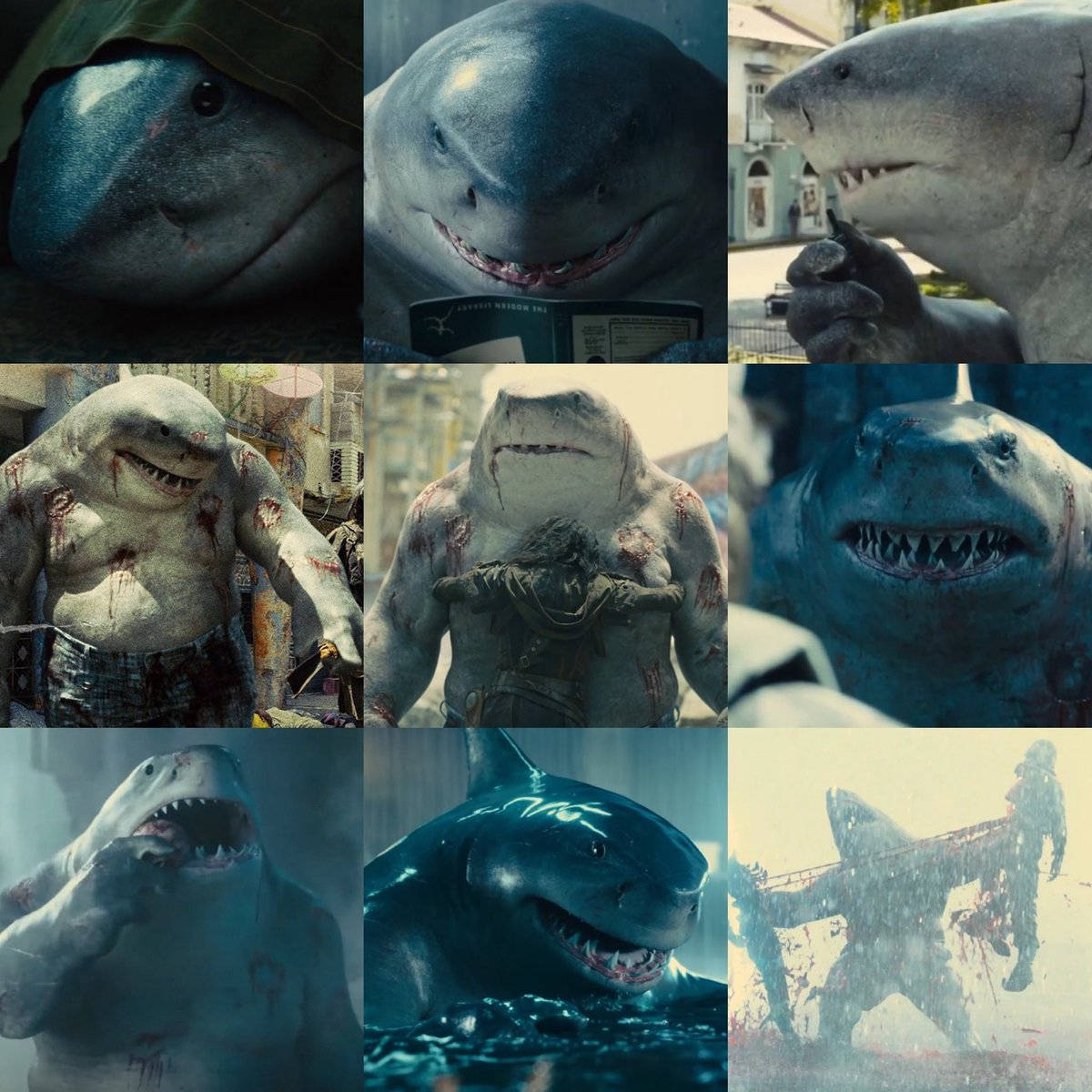 King Shark 桌布 壁紙 — 一幅由血淋淋的人形鯊魚組成的拼貼畫，背景為城市和水域環境。