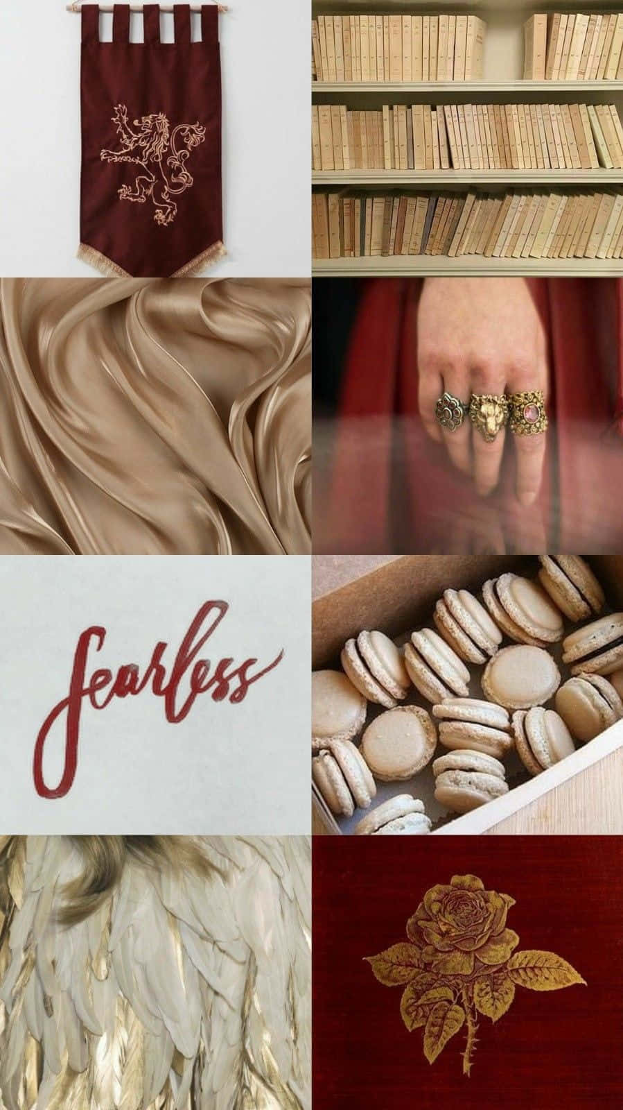 Gryffindor Aesthetic 桌布 壁紙 — 一幅由豐富的勃艮第和金色元素組成的拼貼畫，包括獅子旗幟、絲綢布料、馬卡龍、羽毛和一朵玫瑰。