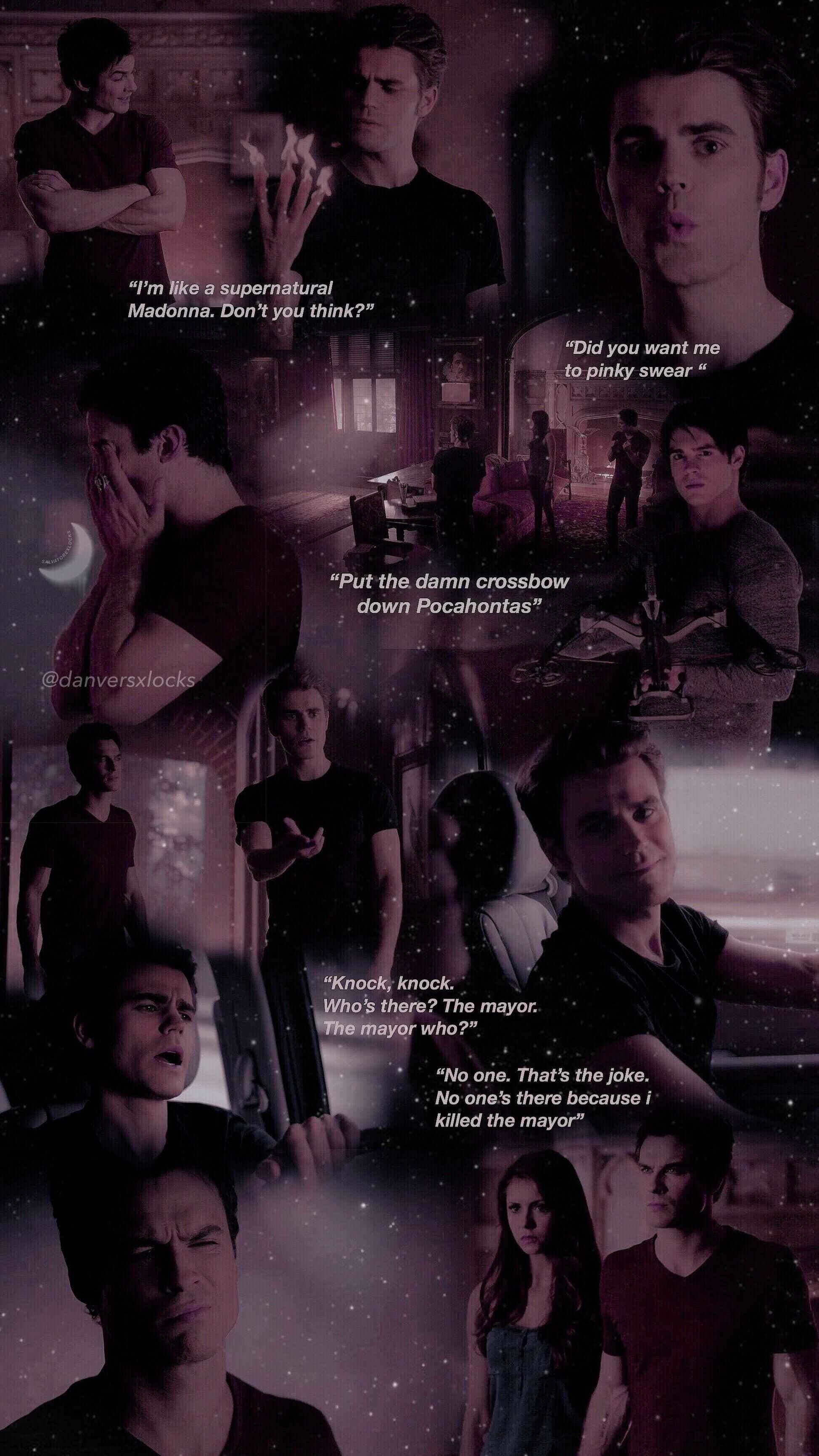The Vampire Diaries iPhone 桌布 壁紙 — 一幅由超自然電視節目中戲劇性角色肖像和語錄組成的拼貼畫，沉浸在憂鬱的紫色和黑色燈光中。