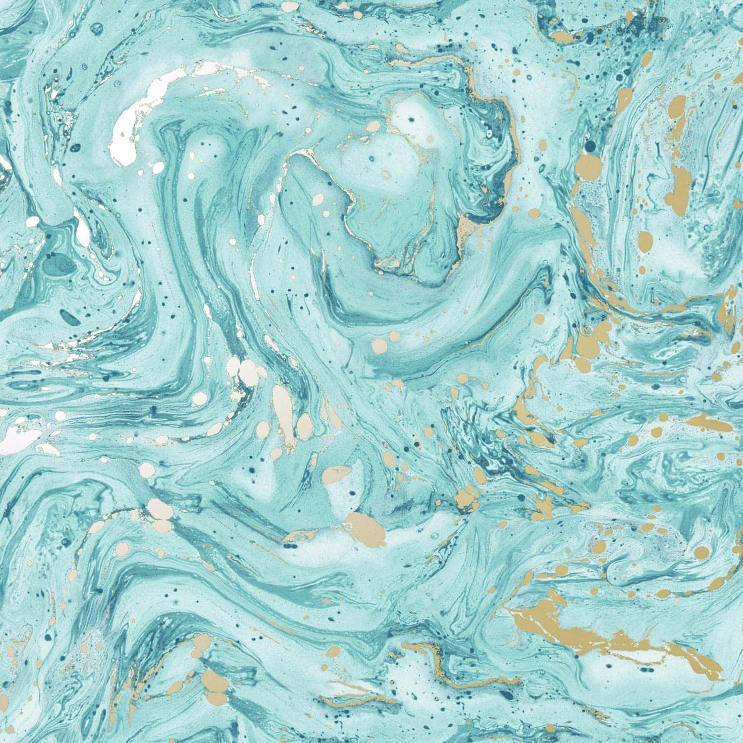 Teal Marble 桌布 壁紙 — 一幅由青藍、白色和金色顏料組成的漩渦抽象圖案，帶有斑點點綴。