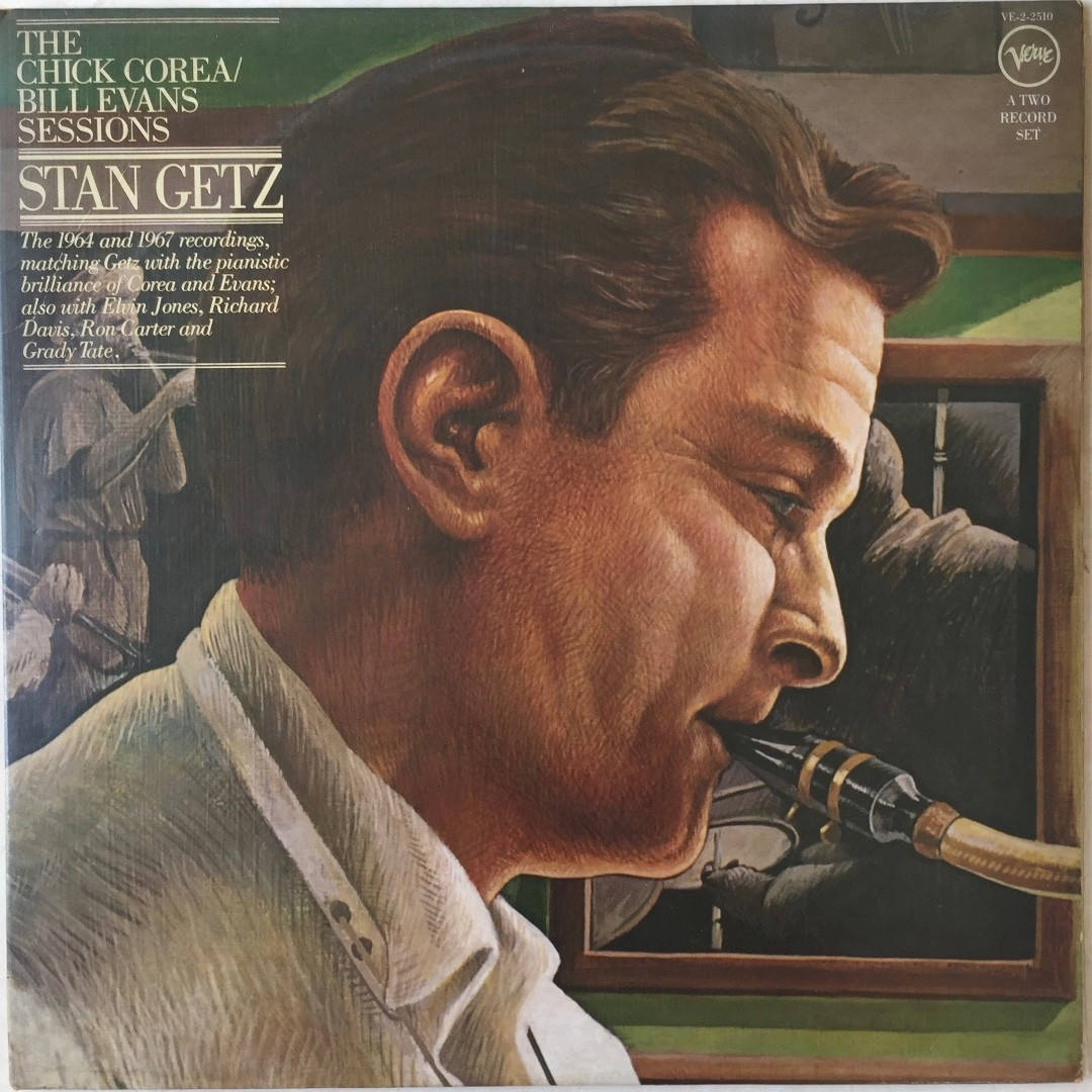 音樂 桌布 壁紙 — 一幅畫家風格的爵士薩克斯風手 Stan Getz 側面肖像，在柔和的綠色背景下專注地演奏薩克斯風。