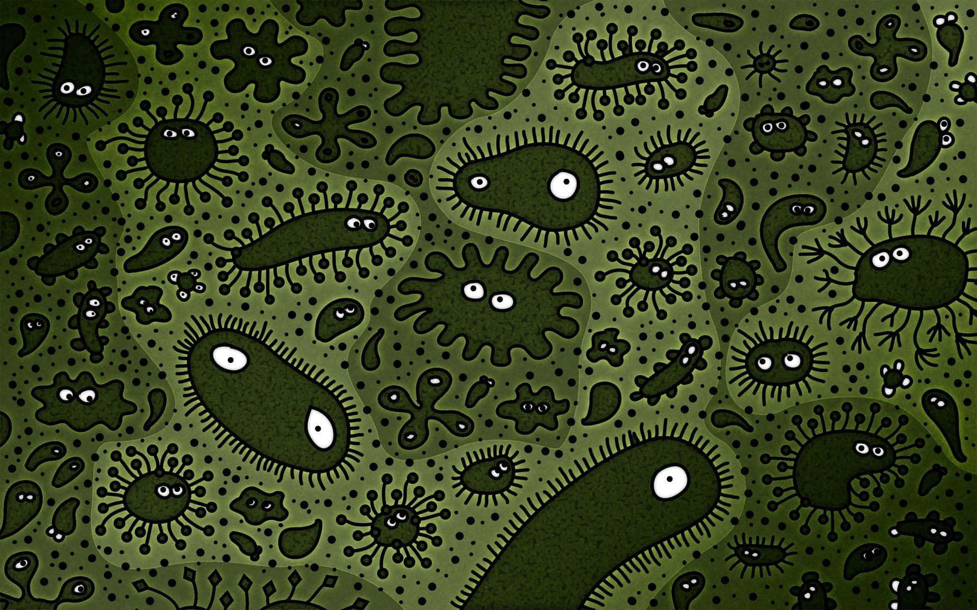 biology 桌布 壁紙 — 一幅異想天開的卡通插圖，描繪了各種綠色細菌和微生物，它們有眼睛和尖刺狀附肢，背景是帶紋理的橄欖色。
