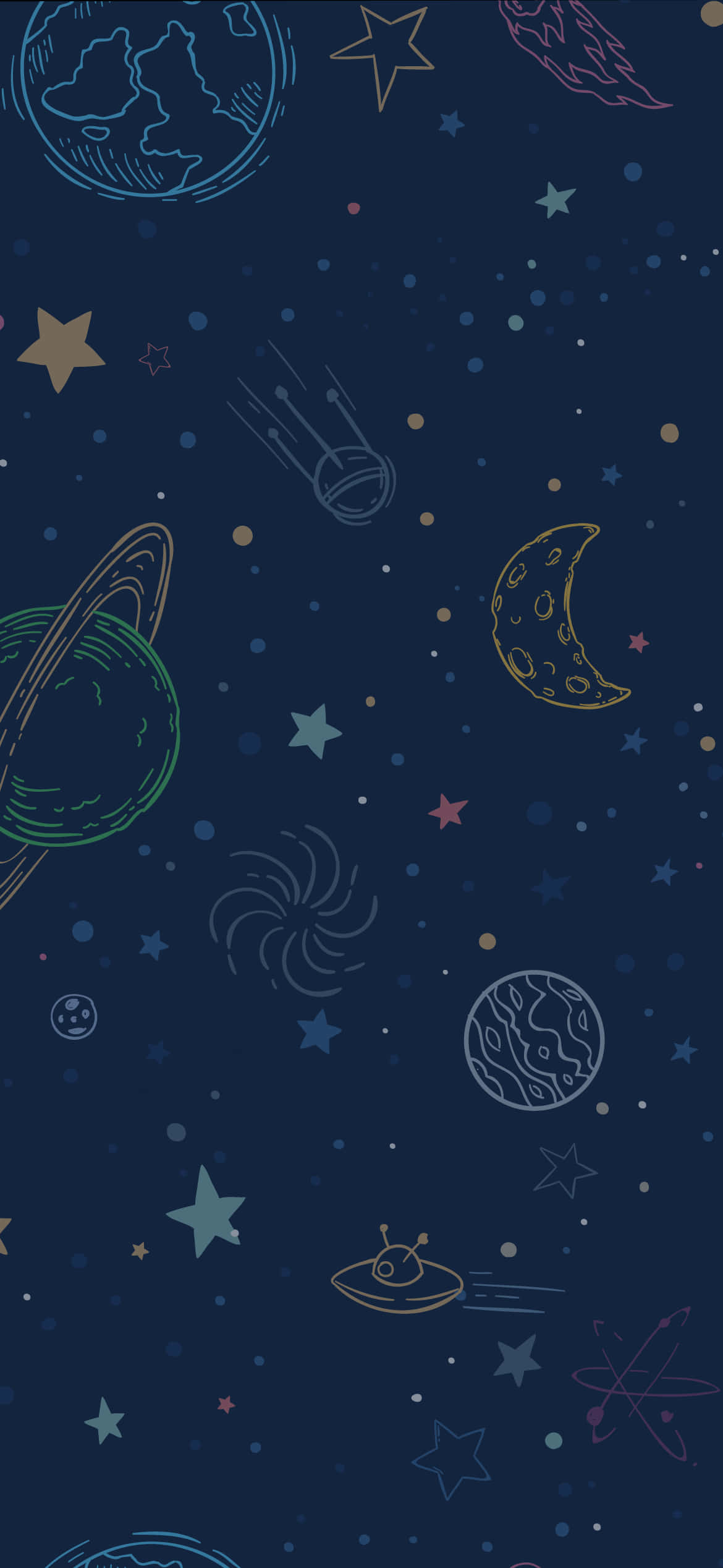 Cute Space 桌布 壁紙 — 一幅異想天開的宇宙風格桌布，以深藍色背景為襯，手繪行星、星星和UFO漂浮在色彩繽紛的天體之間。