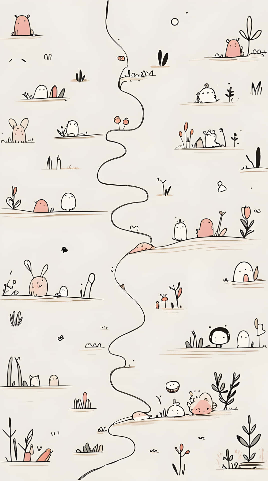 Cute line friends wallpaper 壁紙 — 一幅異想天開的手繪壁紙，可愛的粉紅色生物和植物散落在由蜿蜒黑線分隔的分層露台上。