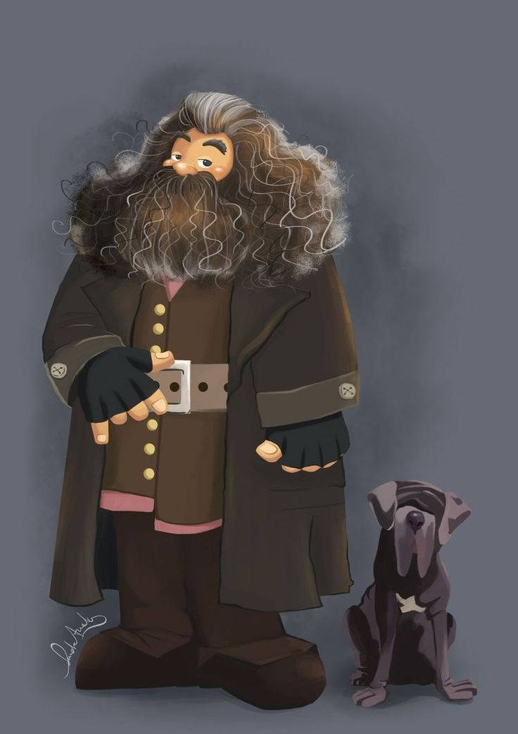 rubeus hagrid 桌布 壁紙 — 一幅異想天開的插圖，描繪一位身穿棕色外套的鬍鬚巫師，站在一隻小狗旁邊，背景是柔和的灰色。