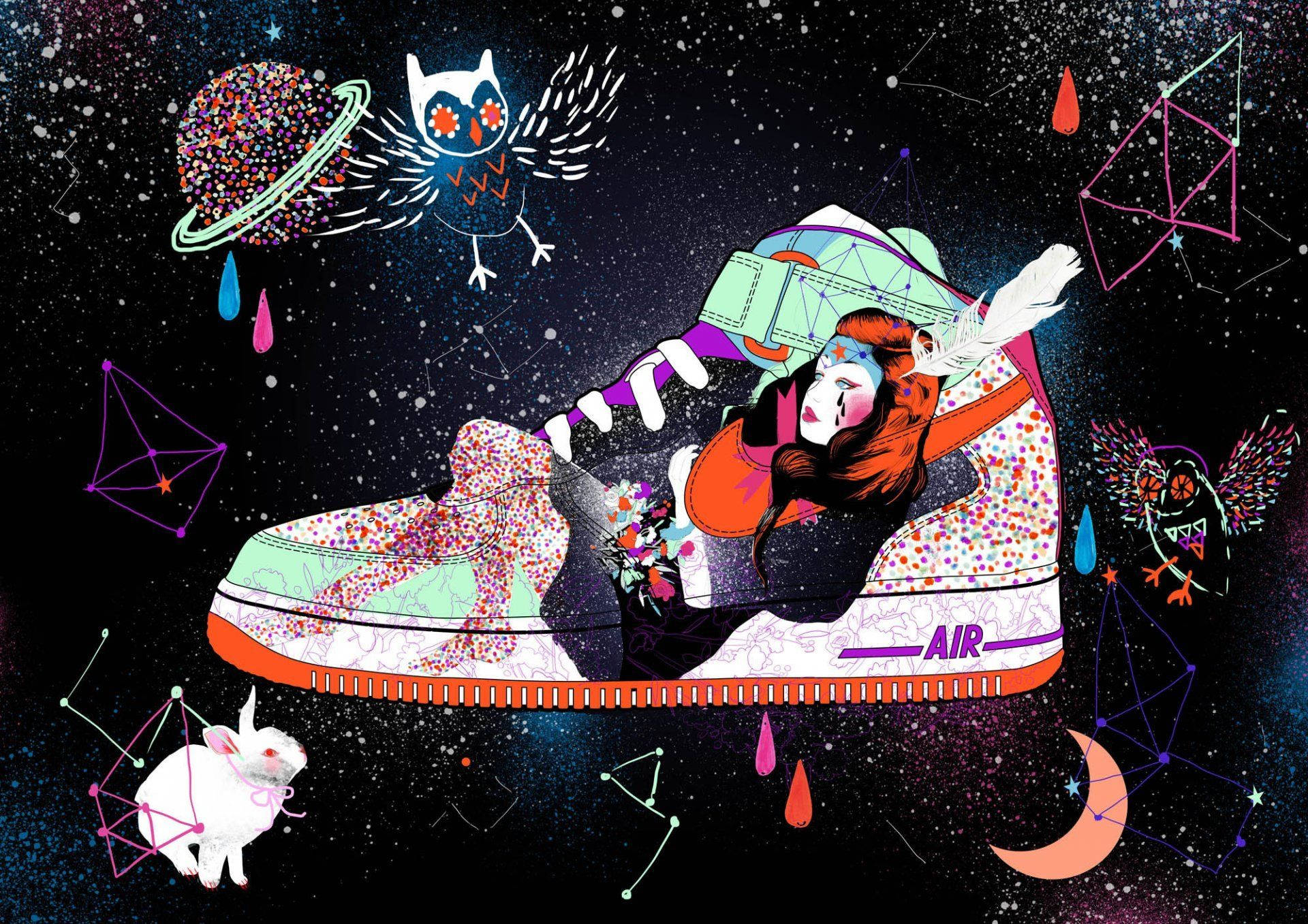 nike girl 桌布 壁紙 — 一幅異想天開的插圖，描繪一個女孩在漂浮於星空宇宙場景中的巨型運動鞋內休息，周圍有貓頭鷹、兔子和幾何星座。