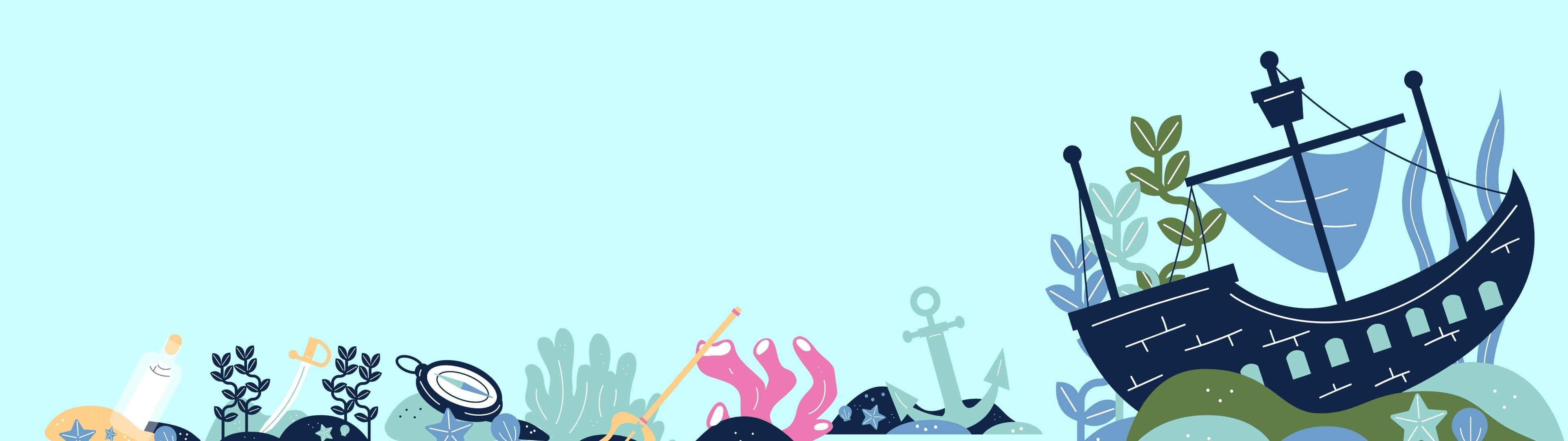 3840X1080 桌布 壁紙 — 一幅異想天開的插圖，描繪一艘沉沒的船隻，覆蓋著珊瑚和海洋植物，背景是柔和的藍色海洋。