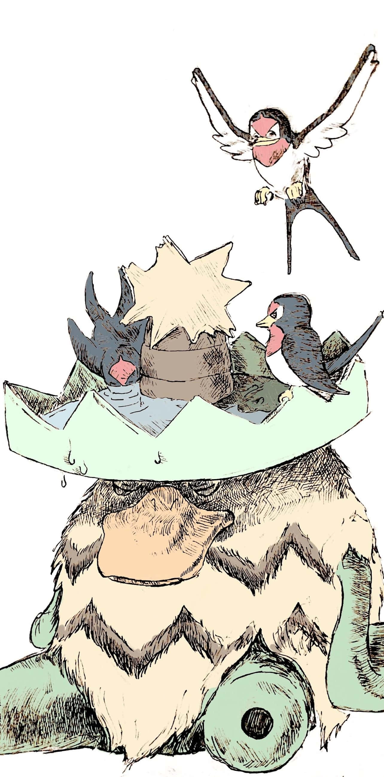 Pokemon Aesthetic 桌布 壁紙 — 一幅異想天開的插圖，描繪一隻大型毛茸茸的生物戴著一頂破裂的帽子，上面棲息著三隻小鳥，還有一隻在頭頂飛翔。