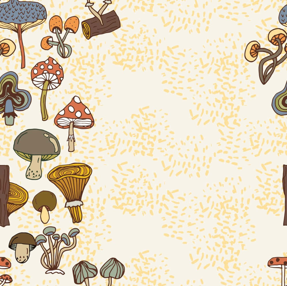mushrooms 桌布 壁紙 — 一幅異想天開的插圖，描繪了各種蘑菇和圓木散落在斑駁的米色背景上。