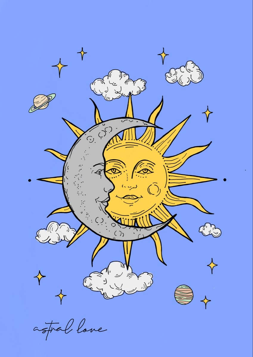 太陽與月亮 桌布 壁紙 — 一幅異想天開的插圖，描繪微笑的太陽和月亮在藍天白雲、星星和行星的背景下擁抱。
