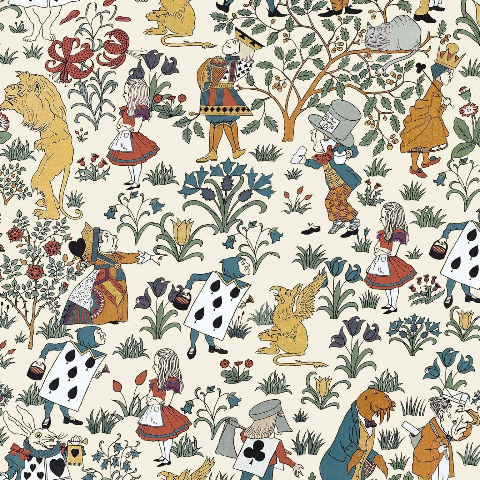 wonderland 桌布 壁紙 — 一幅異想天開的插圖壁紙，描繪了《愛麗絲夢遊仙境》中的角色，如瘋帽匠和柴郡貓，周圍環繞著花卉圖案。